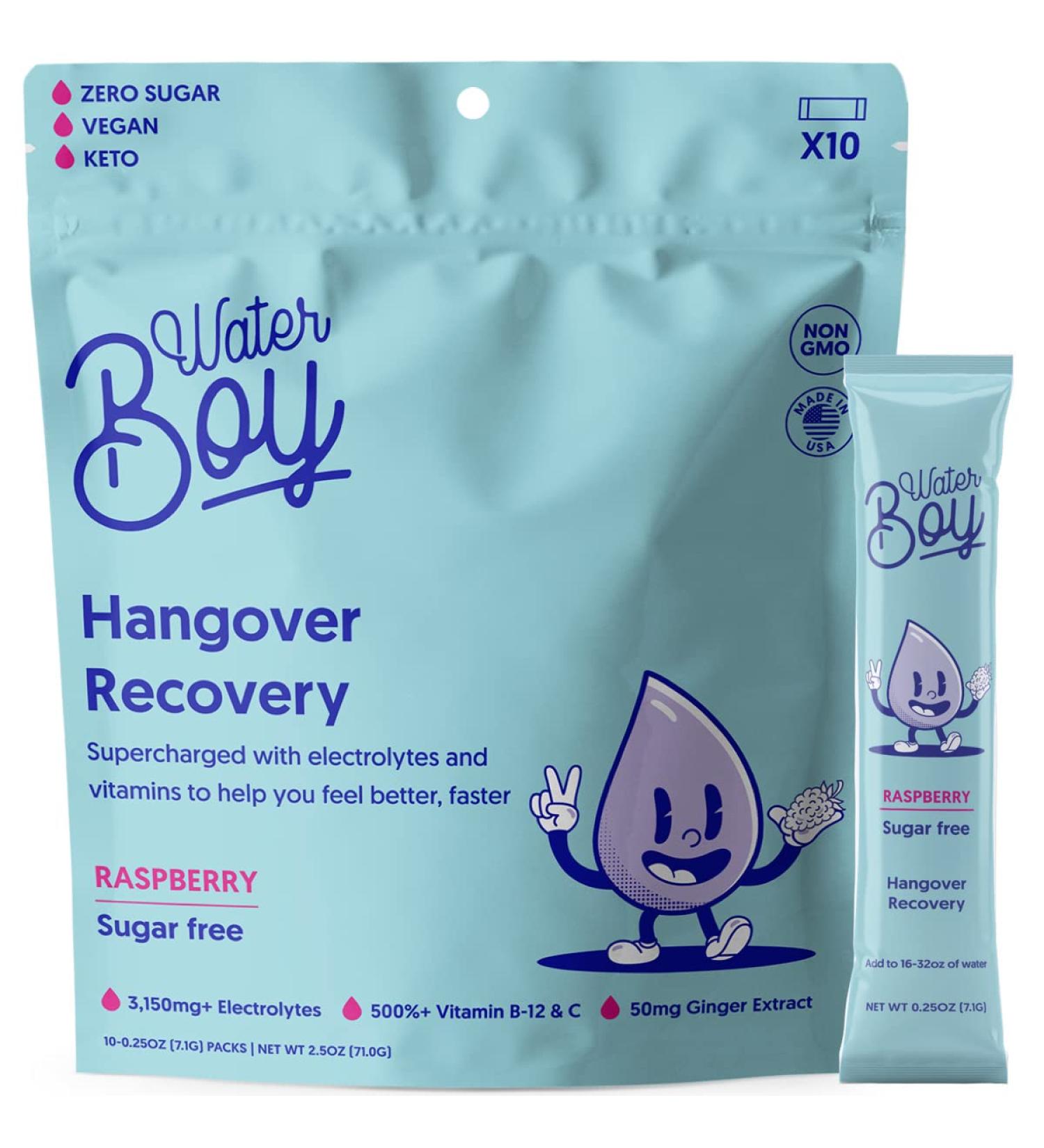 Waterboy Hangover Relief Electrolyte Powder Packets - 3170mg Electrolytes - Dehydration & Hangxiety Relief - Hangover Kit Essential - Blue Raspberry - 10 Count - Buy Online on GoSupps.com
