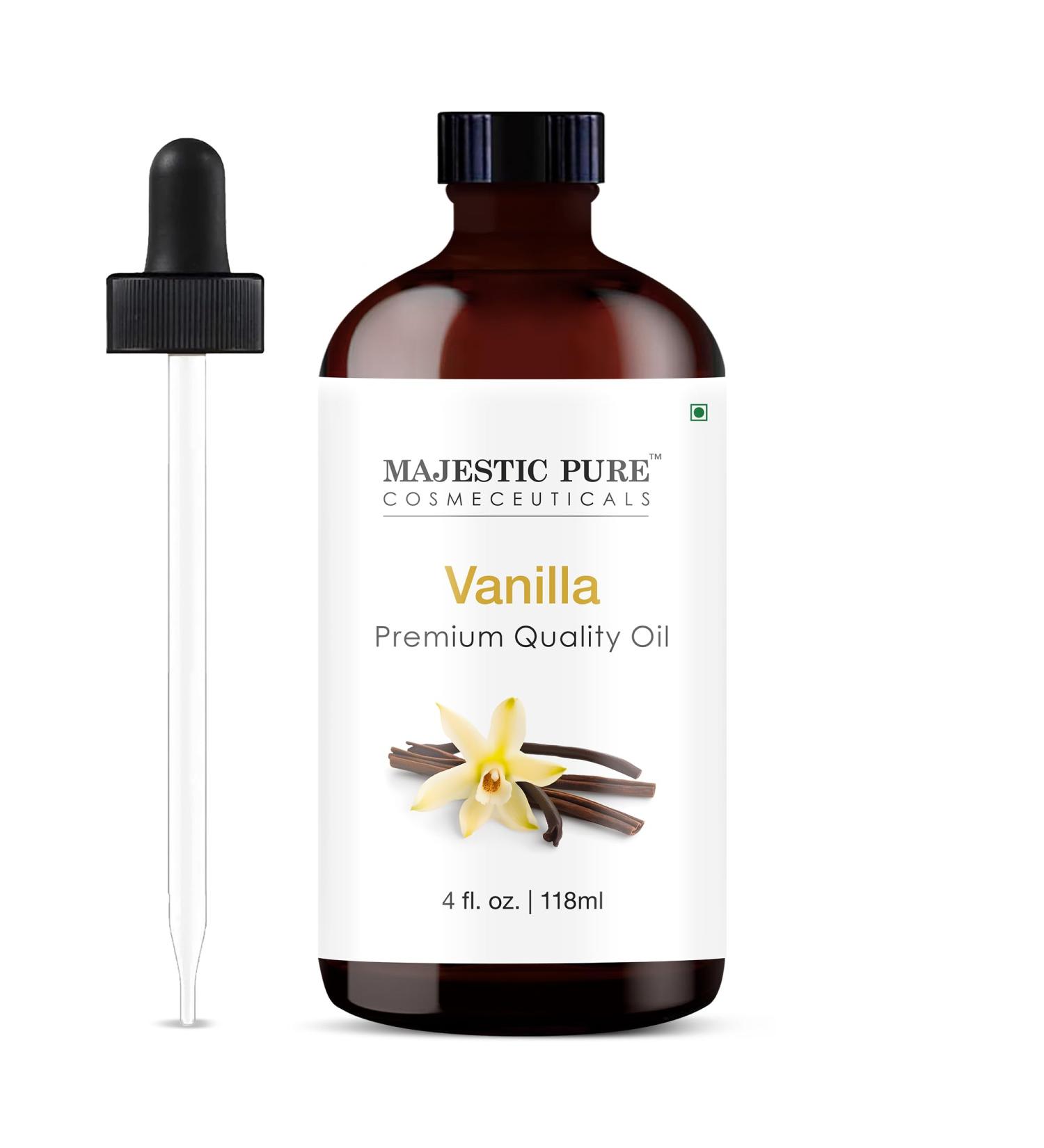 Majestic Pure Vanilla Essential Oil with Glass Dropper - 4 Fl Oz - 100% Pure and Natural Vanilla Oil - Premium Grade Essential Oils for Diffuser Aromatherapy Soap and Candle Making - Buy Online on GoSupps.com