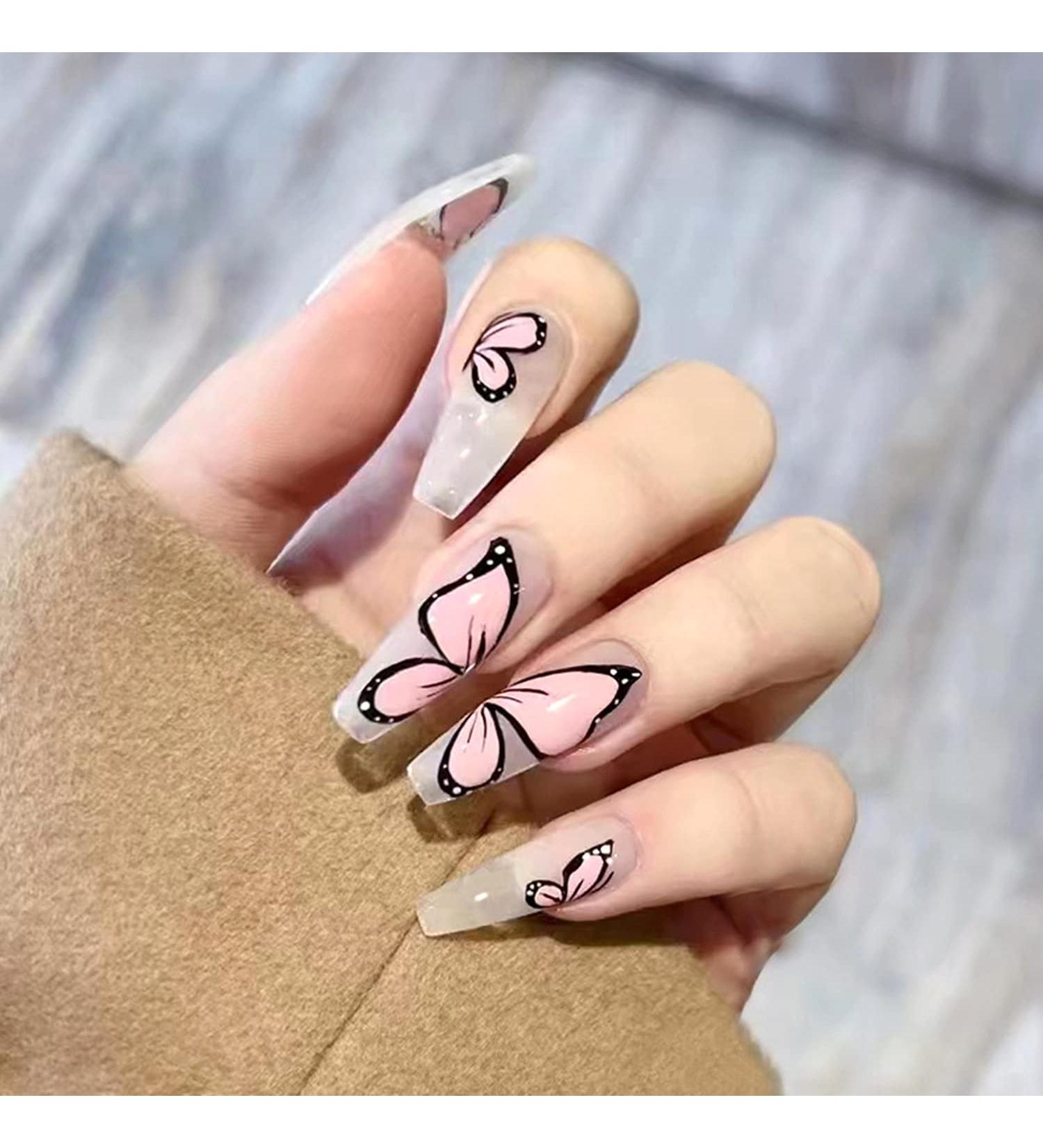 24Pcs Pink Butterfly Press on Nails - Exquisite Design Full Cover Acrylic Nails for Women - Spring Nail Art Decorations - Buy Online on GoSupps.com