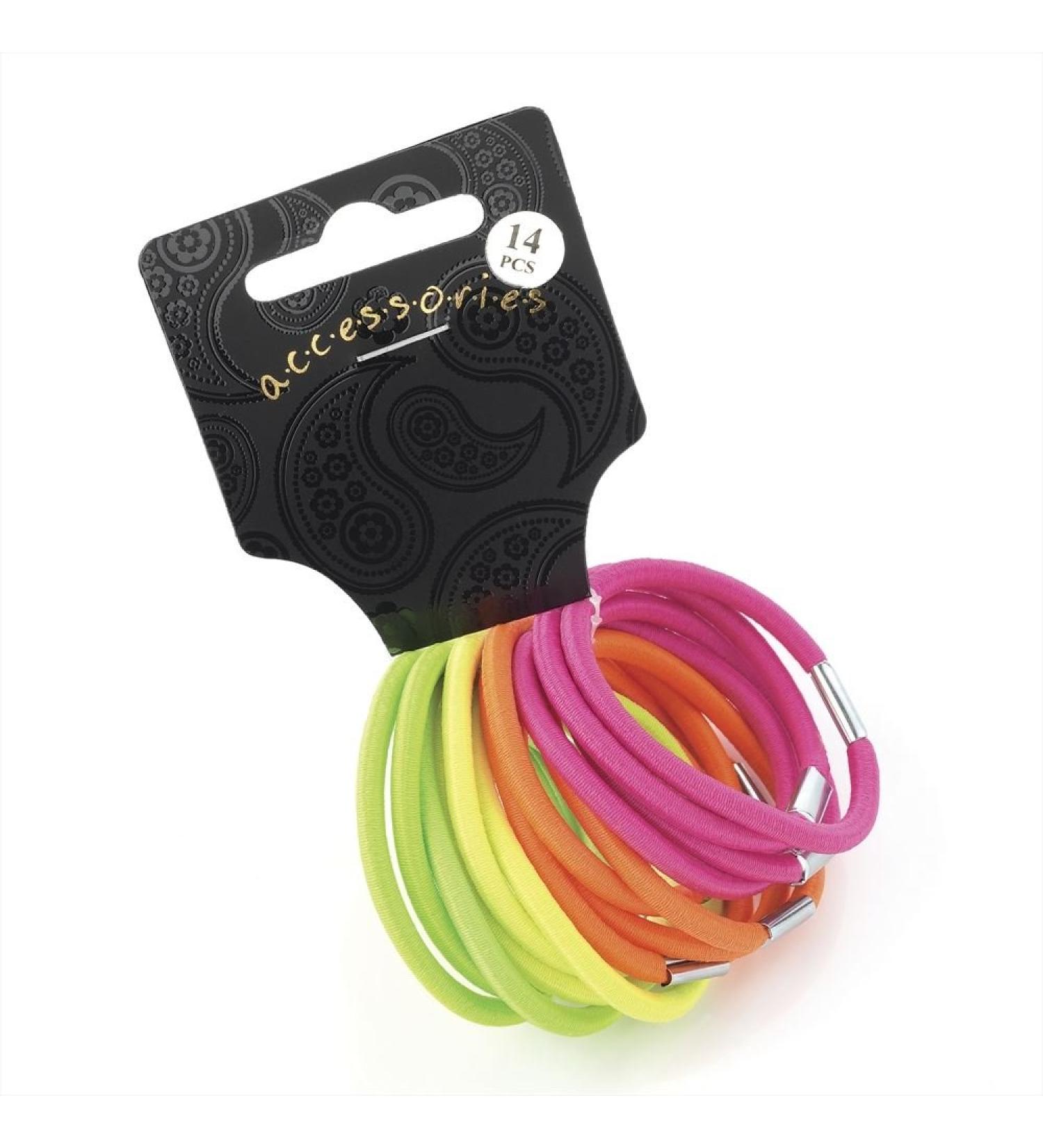 Set of 14 Neon Thick Hair Elastic Bands Pony Tail Bobbles School Uniform