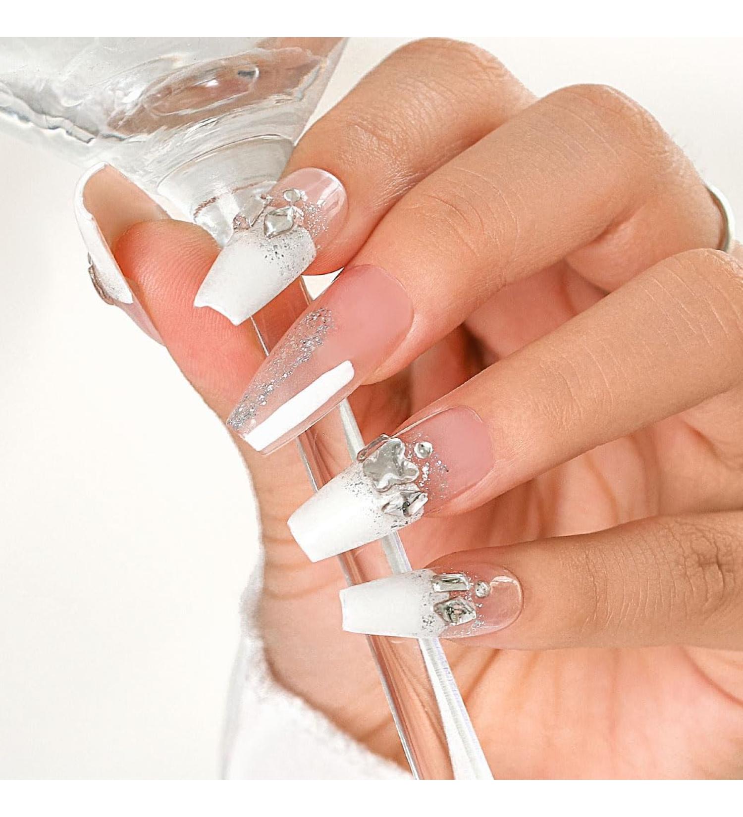 Sethexy French Long Coffin False Nails | Handmade Strass Glitter & 3D Crystal Press-On Acrylic Nails for Women & Girls - Buy Online on GoSupps.com