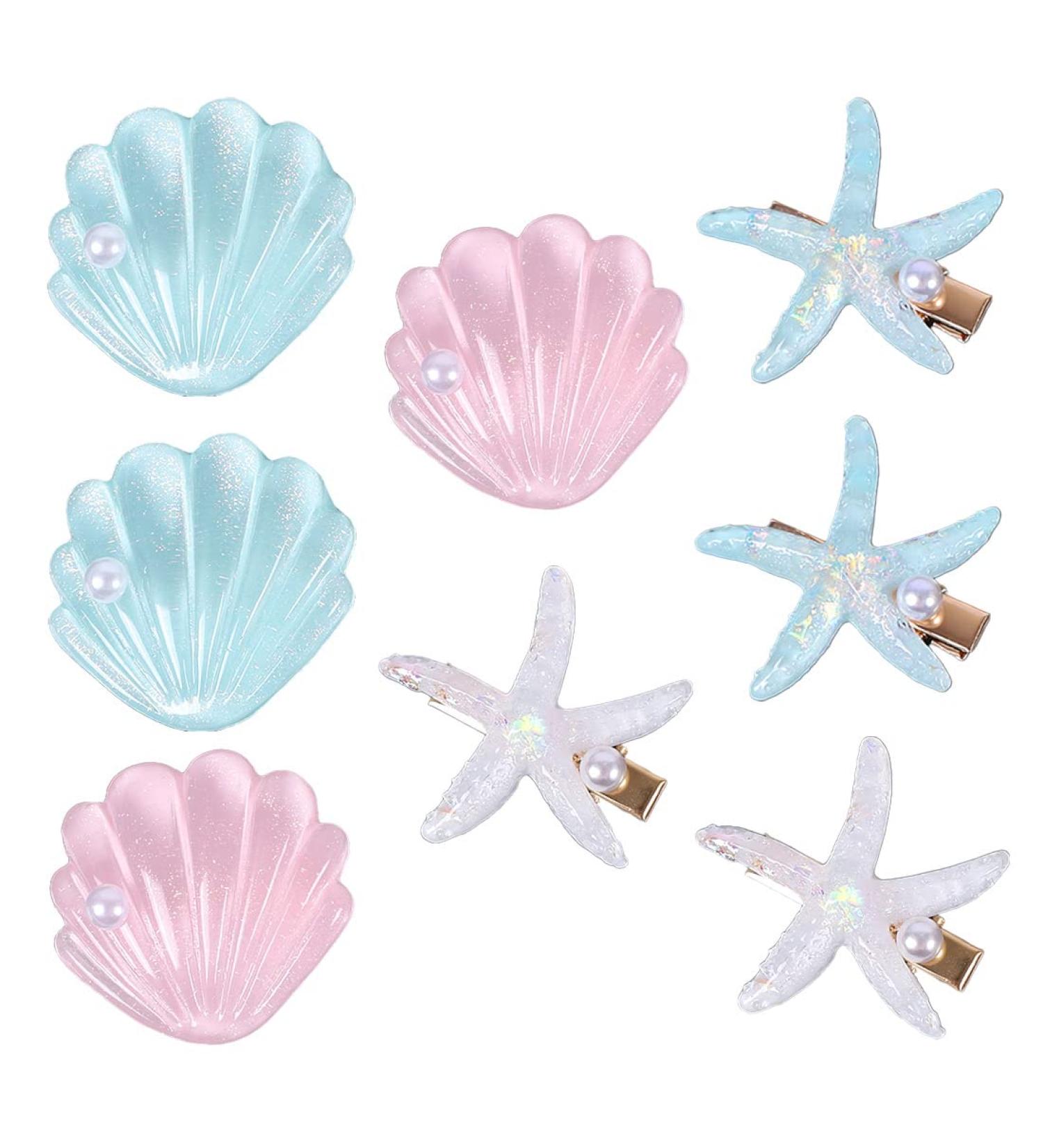 8 Pcs Starfish Sea Shell Princess Hair Clips | Mermaid Beach Hair Accessories for Women, Girls, Kids Blue, White, Pink | Pack of 1 - Buy Online on GoSupps.com