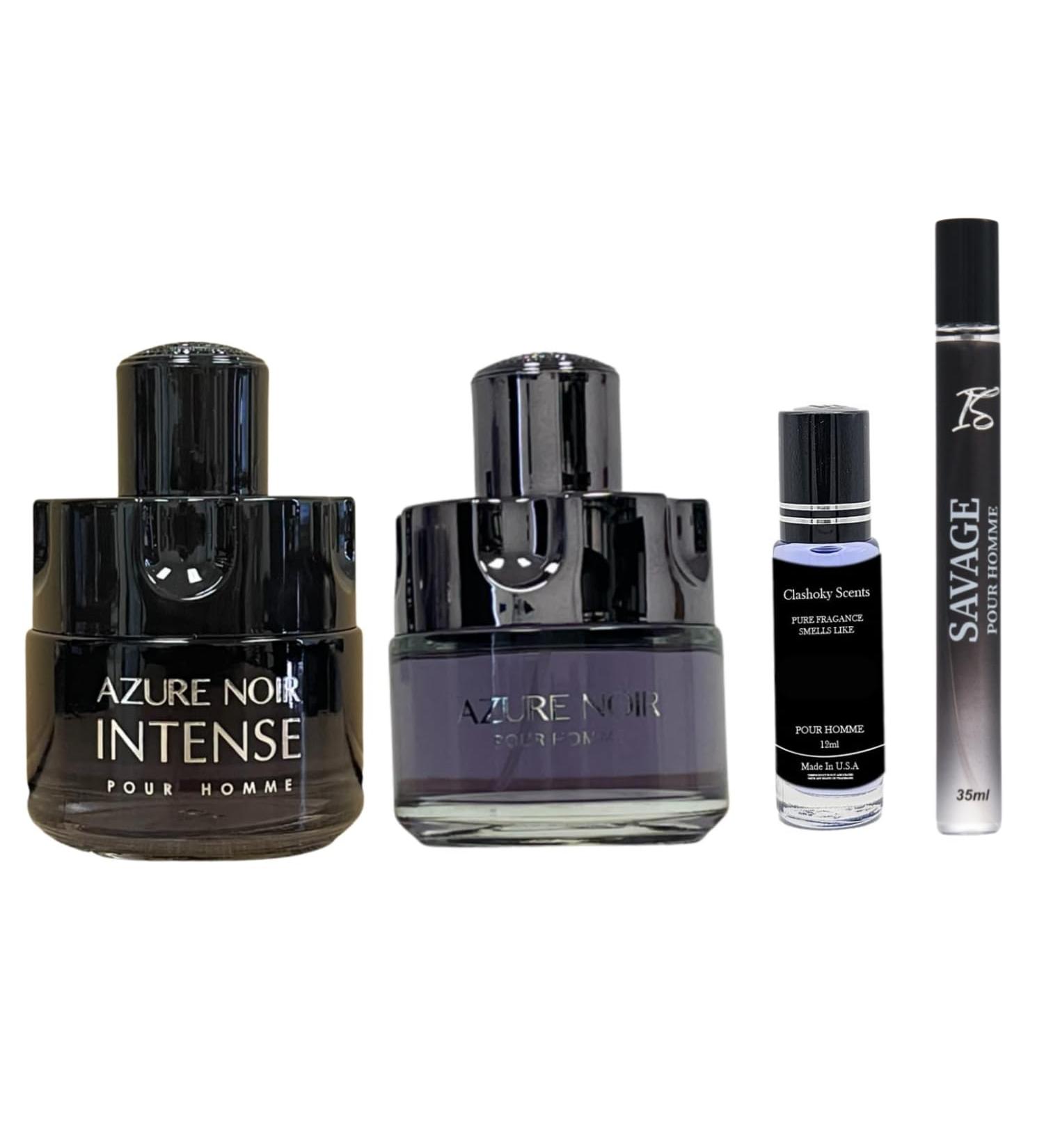 Azure Noir & Azure Noir Intense 3.4 Ounce each + Free Oil 12ml EDT Men's Cologne Daywear Casual Daily Cologne Set FREE SAVAGE SPRAY 35ML AND OIL ROLL ON 12ML - Buy Online on GoSupps.com