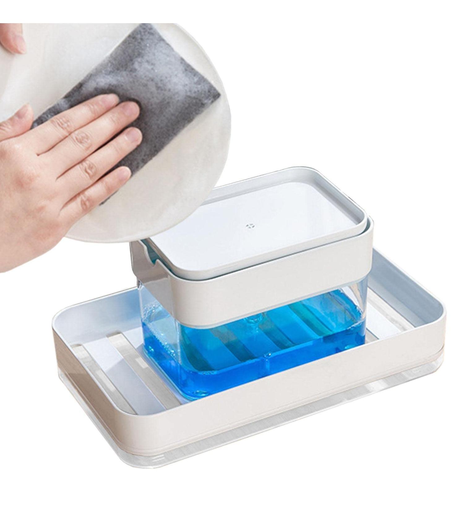 Detergent Press Box | Countertop Scrubbing Liquid Dispenser Rack with Sponge Brush | Water Drainage Cleaning Liquid Press Dispenser for Home Sritob Transparent Box + Sponge + Drain Board - Buy Online on GoSupps.com