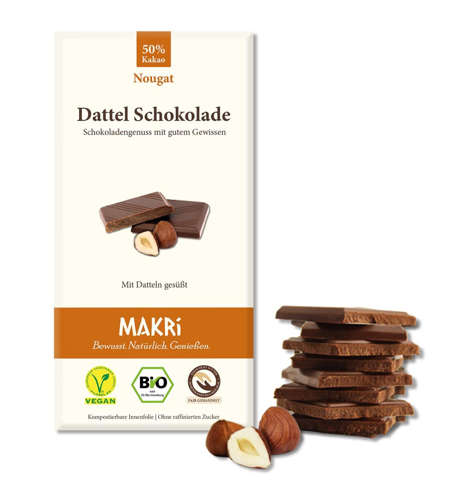 Makri Bio Dattel Chocolate - Vegan Fair Trade No Refined Sugar 50% Nougat (5 Plates) - Sweetened with Dates - Buy Online on GoSupps.com