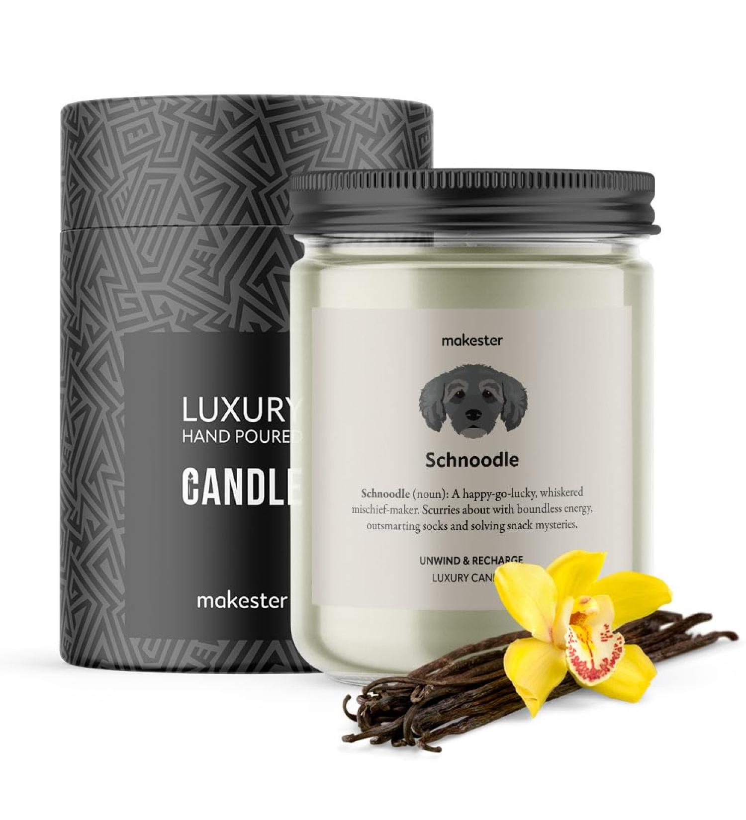 Schnoodle Candle - 220g Soy Wax with Madagascan Vanilla Jasmine & Sugared Almond - Perfect Schnoodle Gift by Makester - Buy Online on GoSupps.com