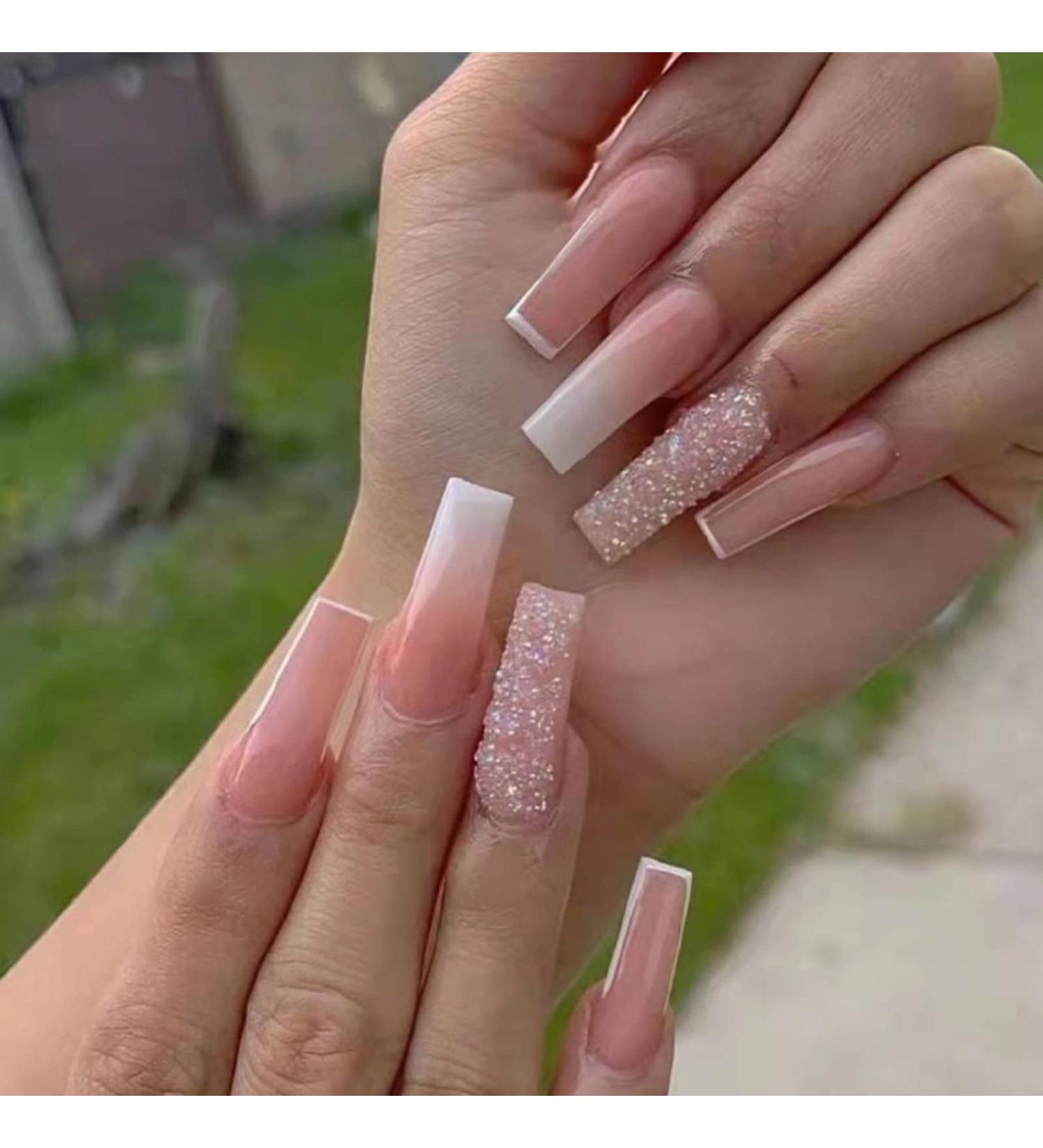 RUNRAYAY Pink French Press on Nails with Sequins Design - Gradient Fake Nails for Women | Acrylic Full Cover Coffin Spring Summer - Buy Online on GoSupps.com