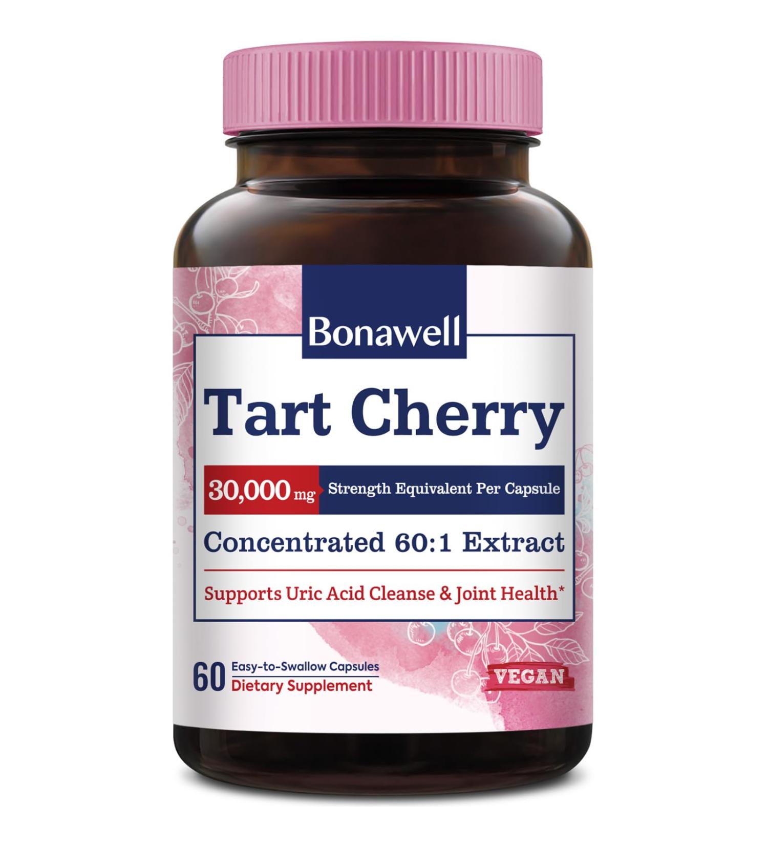 Bonawell Tart Cherry Extract 30000mg - 60 Capsules | Uric Acid Cleanse & Joint Comfort | Montmorency Tart Cherries | 2 Month Supply - Buy Online on GoSupps.com