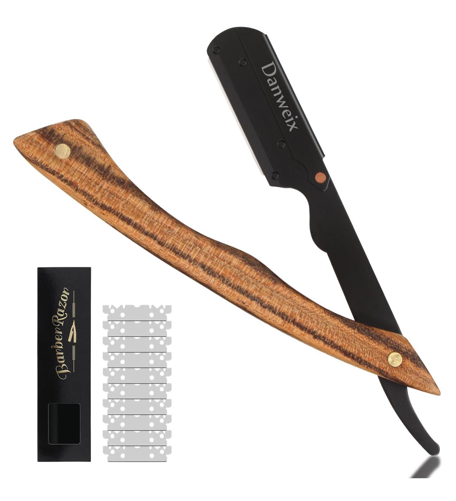 Safety Straight Razor for Men - Professional Barber Shaving Razor with 10 Blades Stainless Steel & Wooden Handle - Buy Online on GoSupps.com