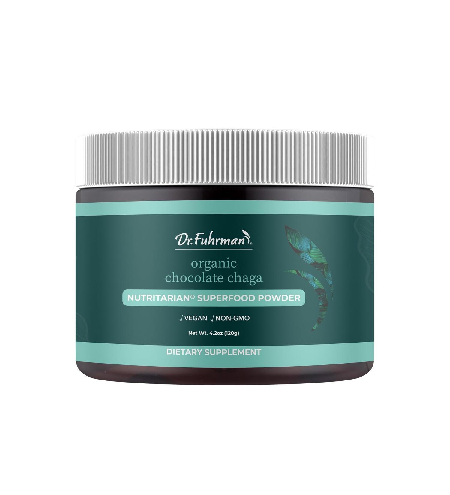 Dr. Fuhrman Chocolate Chaga Superfood Powder Organic Cocoa + Chaga Reishi Maca & Lucuma Vegan Gluten-Free Lightly Sweetened with Monk Fruit No Added Sugar 4.2 oz - Buy Online on GoSupps.com