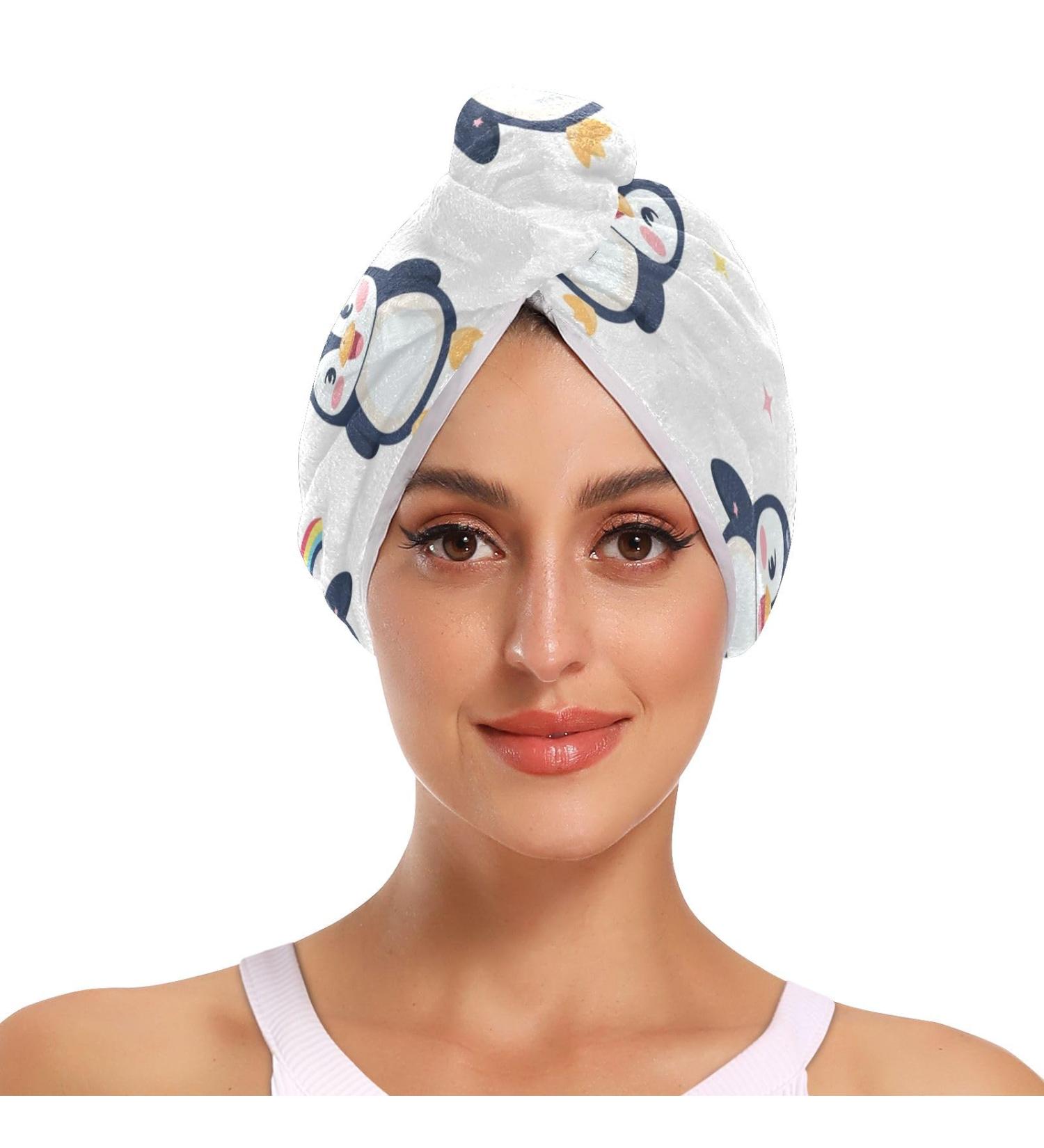 Small Lovely Penguins Hair Towel 2 Pack - Super Absorbent Quick Dry Hair Turbans for Women & Girls | Perfect Hair Drying Solution - Buy Online on GoSupps.com