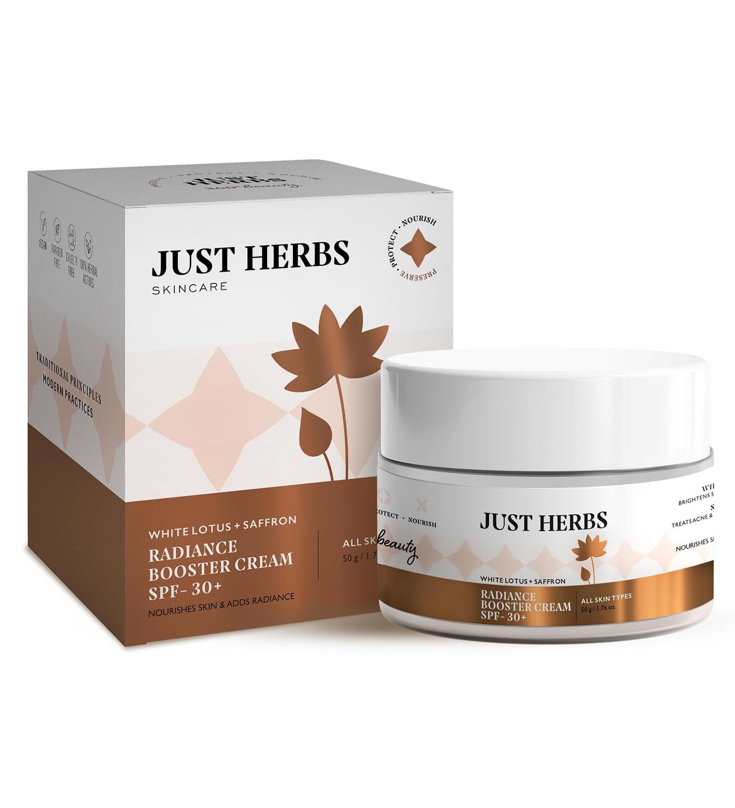 Just Herbs Saffron + White Lotus Radiance Booster Cream with SPF 30+ for Brighter Complexion | For Men & Women- 50g - Buy Online on GoSupps.com