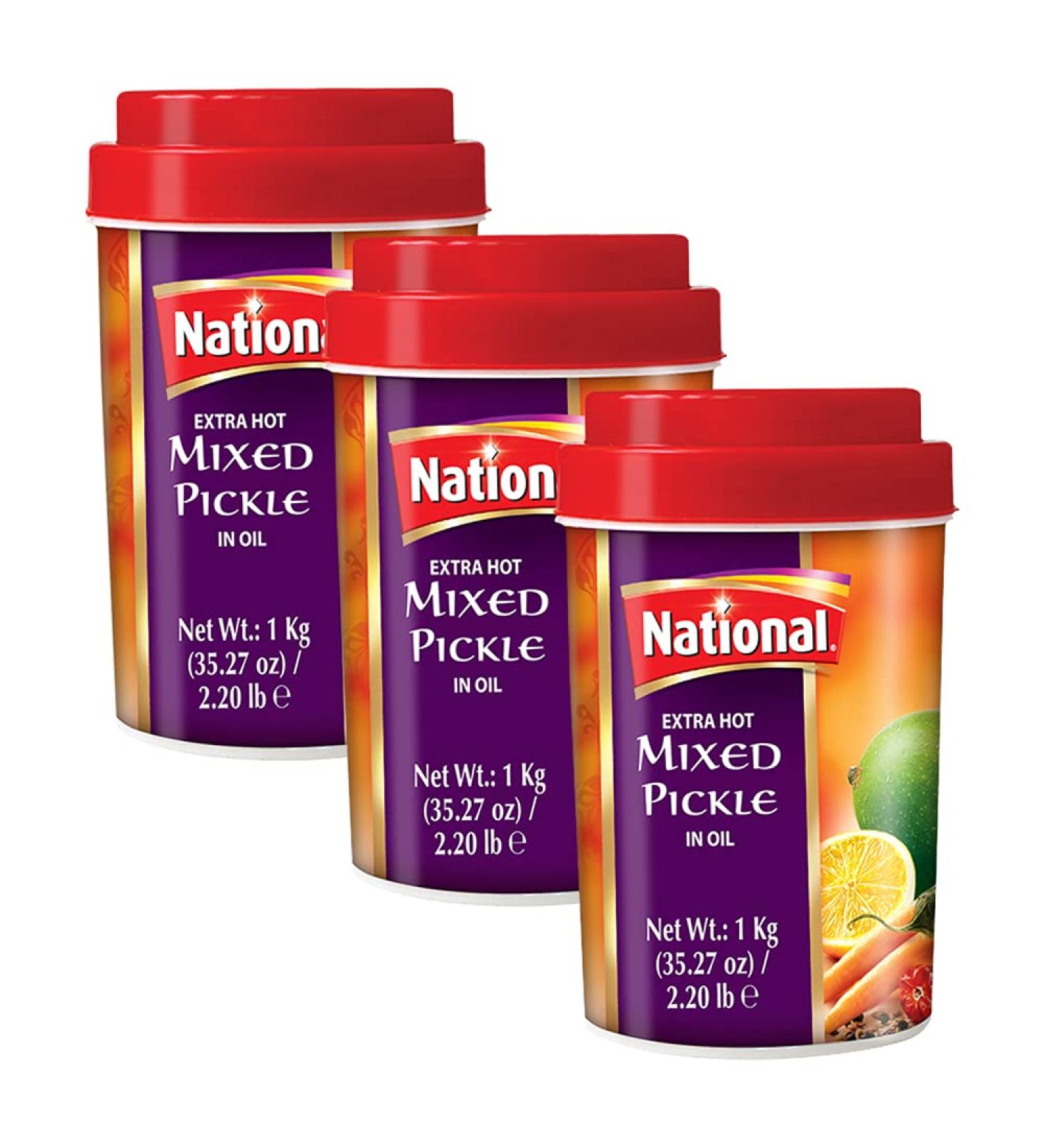 National Foods Extra Hot Mixed Pickle 35.27 oz (1000g) | Sour & Spicy Traditional South Asian Relish | Zesty & Tangy Achaar | Plastic Jar | Pack of 3 Extra Hot Mixed (1000g) 1 kg (Pack of 3) - Buy Online on GoSupps.com