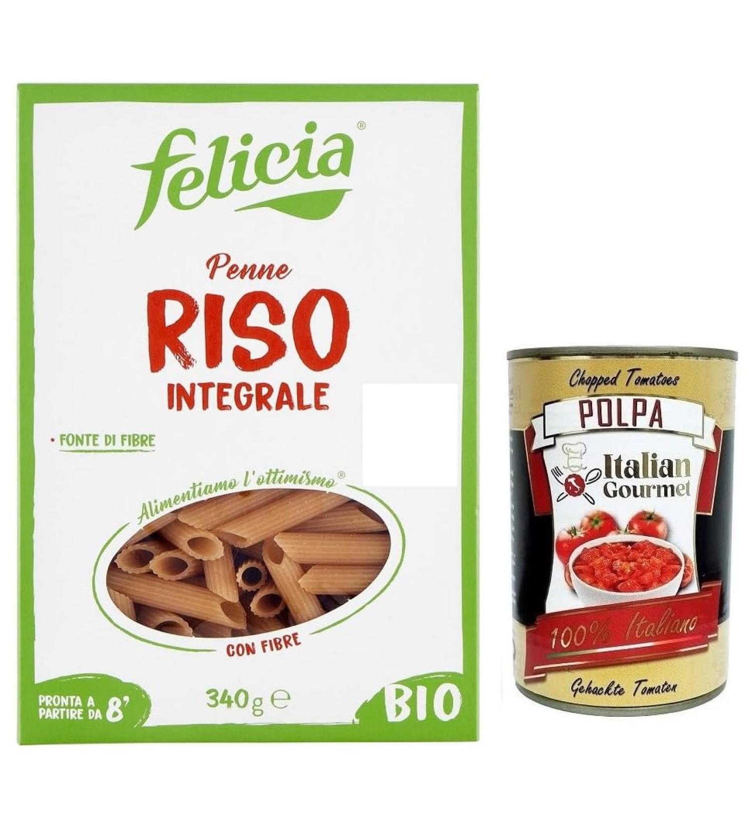  Italian Gourmet E.R. Felicia Penne di Riso Integrale Pasta 100% Brown Rice from the Italian Supply Chain Organic and Natural Gluten Free 340g Package + 400g Box Italian Gourmet Tomato Pulp - Buy Online on GoSupps.com