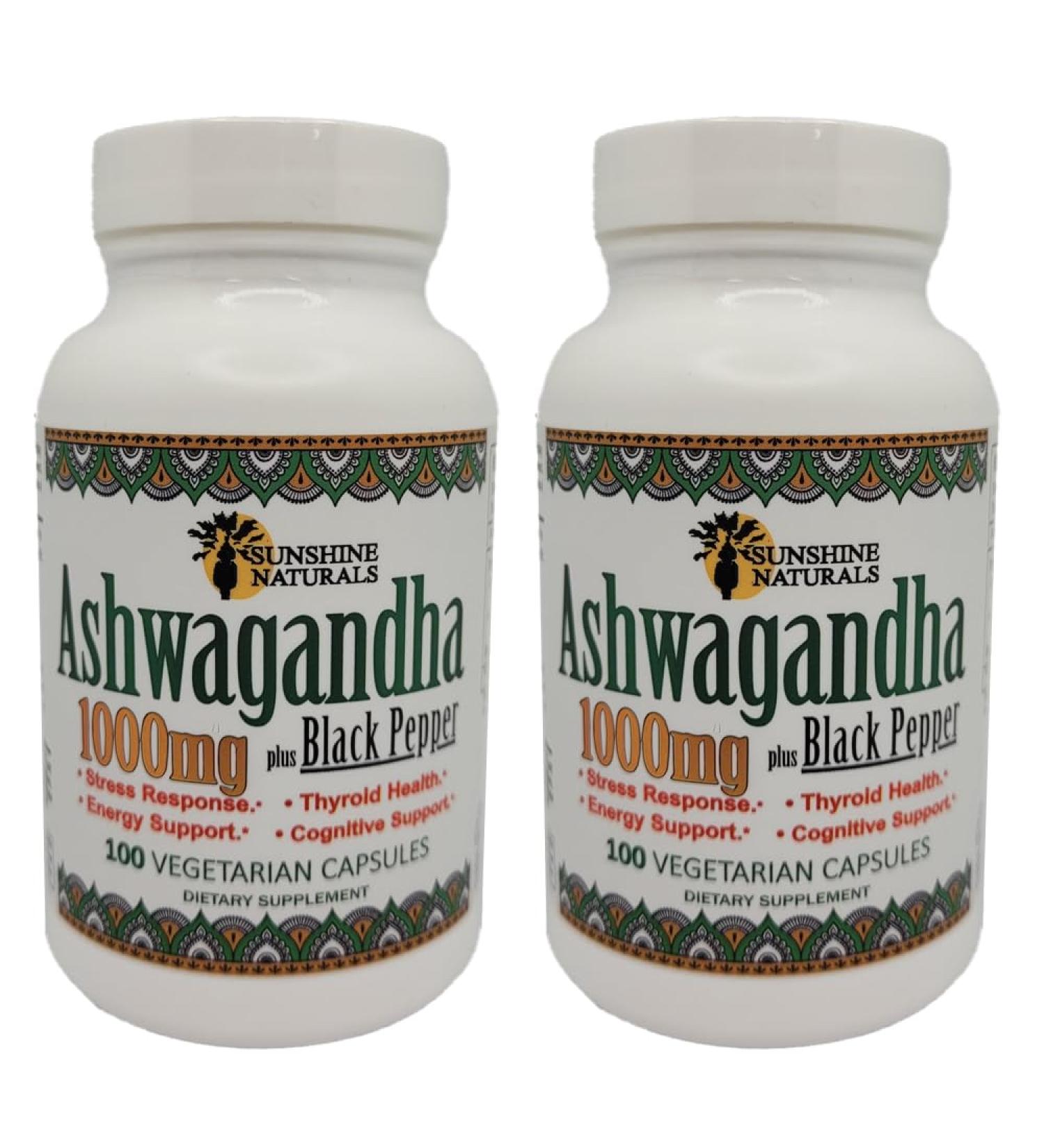 Sunshine Naturals Ashwagandha & Black Pepper Dietary Supplement. Supports Stress Relief Mood Balance Immune System Health and Energy. 1000mg. 100 Capsules. Pack of 2 - Buy Online on GoSupps.com