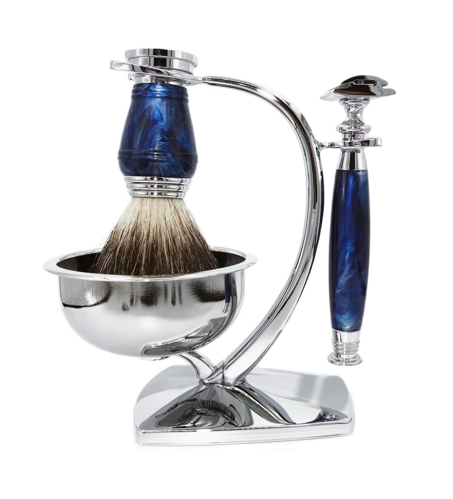 Premium Wet Manual Double Edge Safety Razor Set | Shaving Kit with Blades Brush & Bowl | Barbershop Grooming for Men - Blue - Buy Online on GoSupps.com
