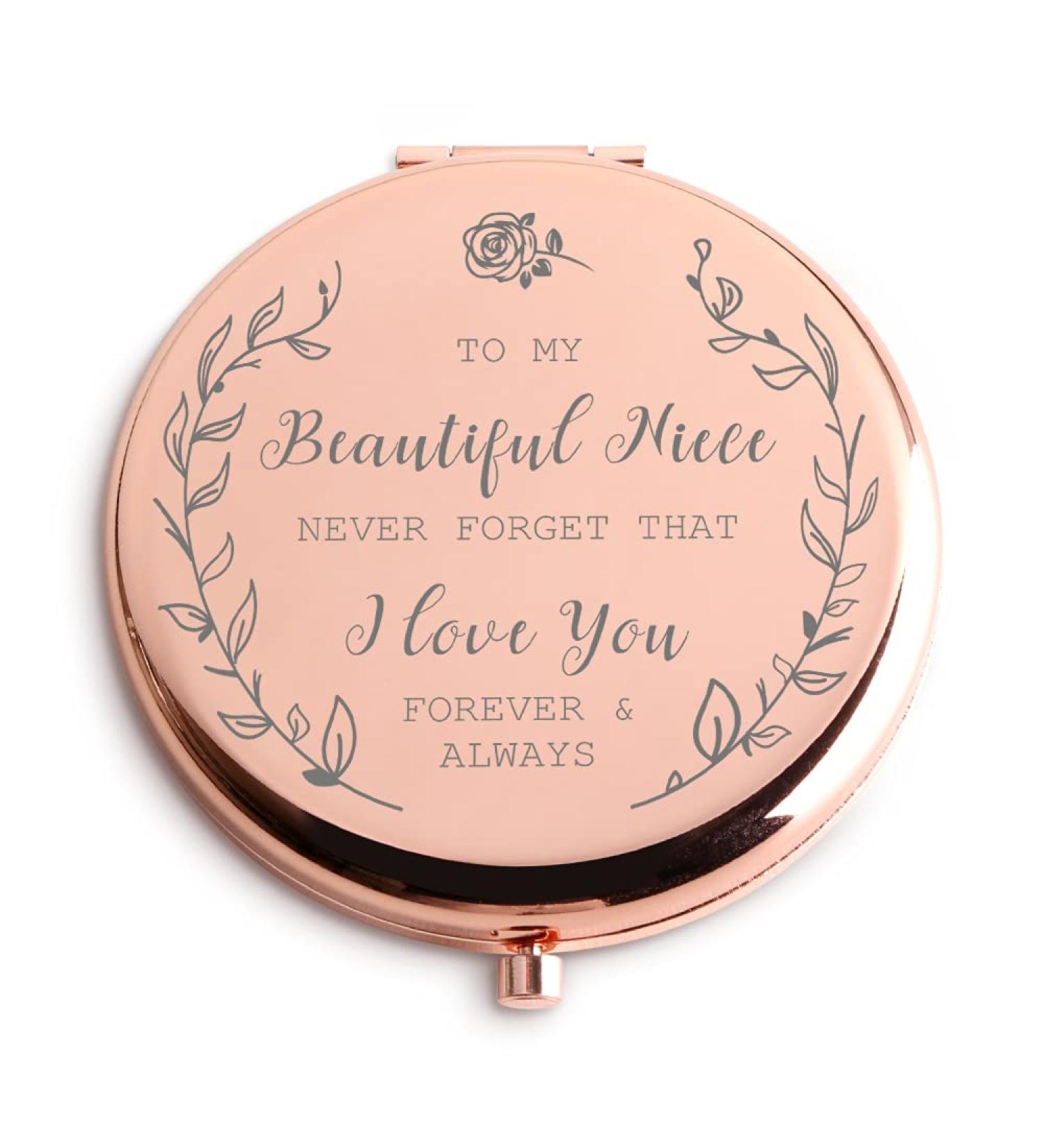 Rose Gold Makeup Mirror - Unique Niece Gift for Graduation, Birthday, Wedding from Aunt & Uncle - Java Wood Niece Gift Ideas - Buy Online on GoSupps.com