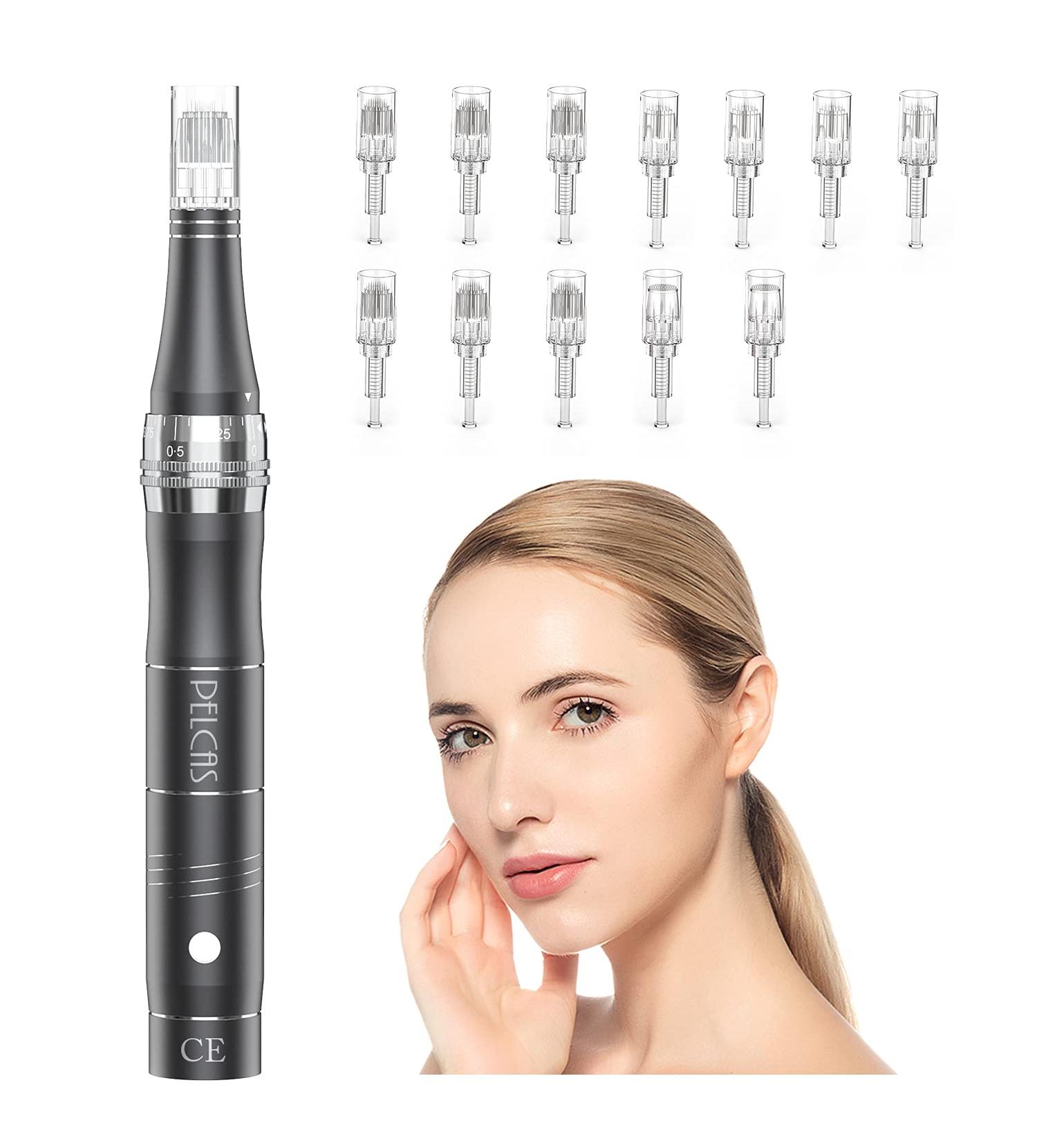 Pelcas Rechargeable Car Derma Micro Needles Roller - Electric Anti-Aging Skin Therapy Pen with 3 Speed Levels 12 Needle Heads for Stretch Marks Acne Scars & Fine Lines - Buy Online on GoSupps.com