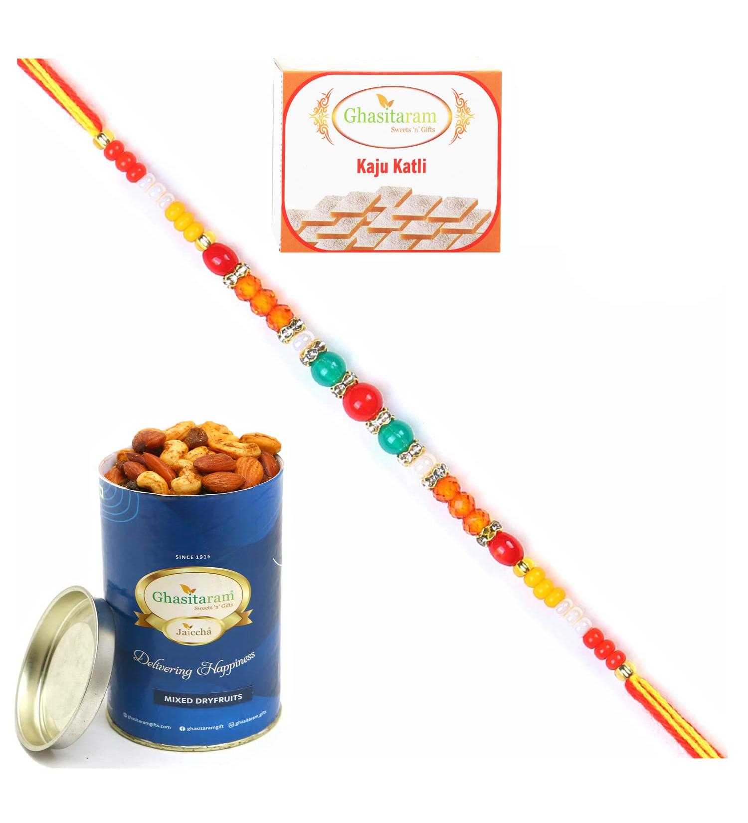 Ghasitaram Gifts Rakhi for Brother Rakhis Online - 6503 Fancy Thread Rakhi with 100 GMS of Dryfruits Mix Can 200 GMS of Kaju katli Rakhi & 100g Dryfruits Mix Can 200g Kaju katli - Buy Online on GoSupps.com