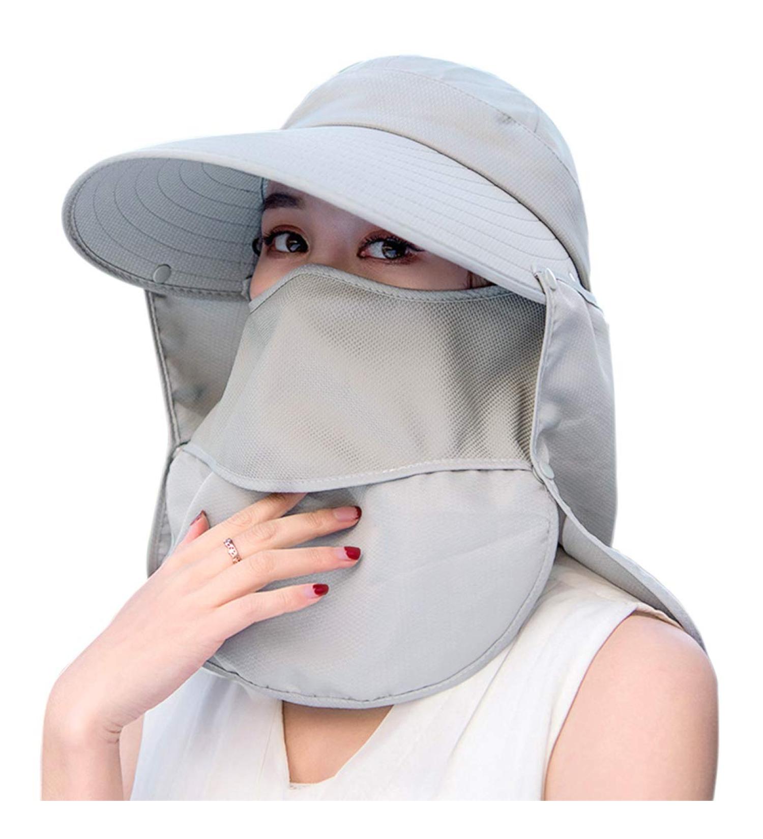 Women's Gray UV Protection Wide Brim Fishing Hat with Ponytail Opening and Detachable Flap - Summer Sun Protection - Buy Online on GoSupps.com