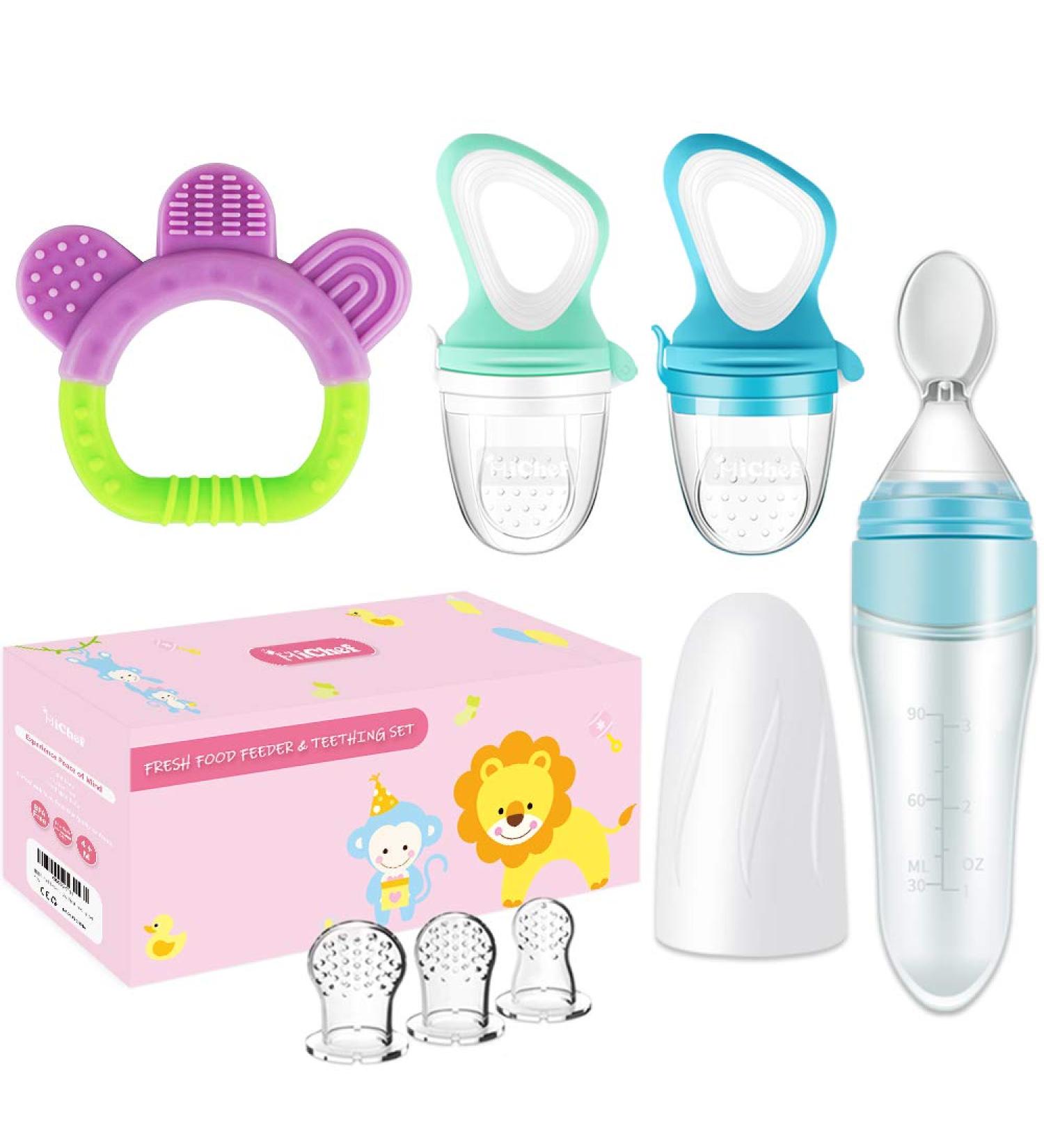 Food Feeder Baby Fruit Feeder Pacifier (2 Pack) with 3 Different Sized Silicone Pacifiers Infant Teething Toy Silicone Teether and Squeeze Baby Food Dispensing Spoon Baby First Feeding Set by MICHEF - Buy Online on GoSupps.com