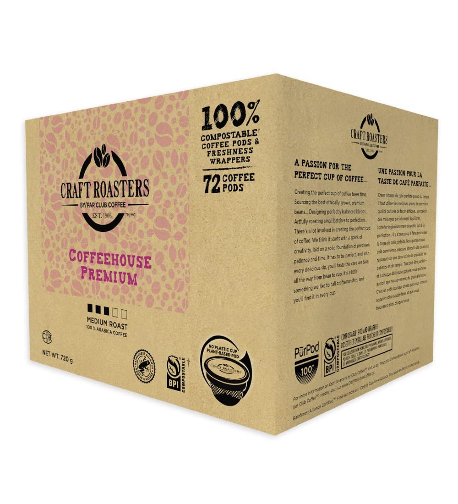 Club Coffee Craft Roasters Coffeehouse Premium - Medium Roast Single Serve Coffee K-Cup Pods Compostable Coffee Pods Keurig Brewer Compatible Rainforest Alliance Certified 72 Count Coffeehouse Premium - Medium Roast 72 count (Pack of 1) - Buy Online on GoSupps.com