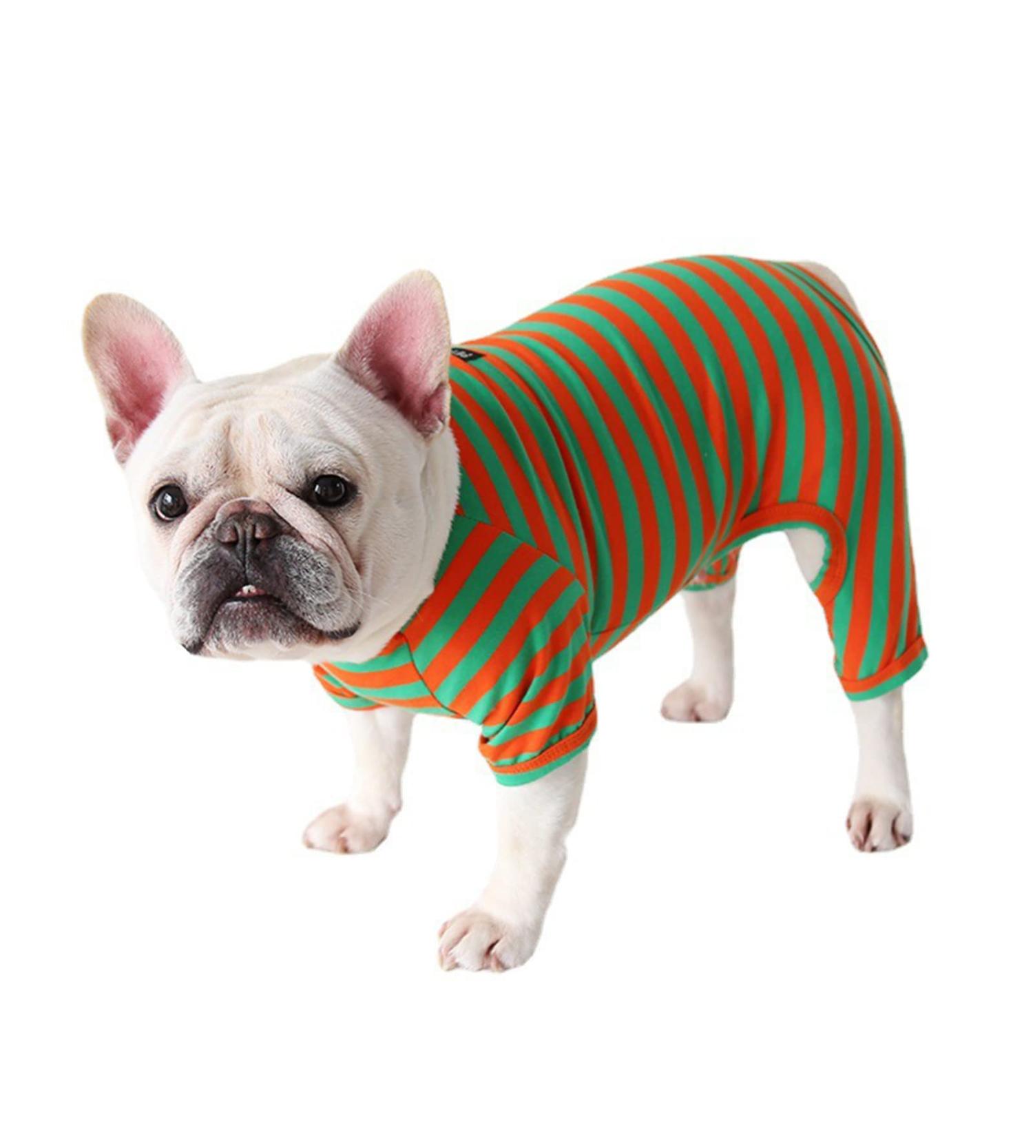 BT BEAR Colorful Striped Pajamas for Dogs | Soft Cotton One-Piece Costume for Bulldogs Puppies & Small to Medium Dogs (L Green/Orange) - Buy Online on GoSupps.com