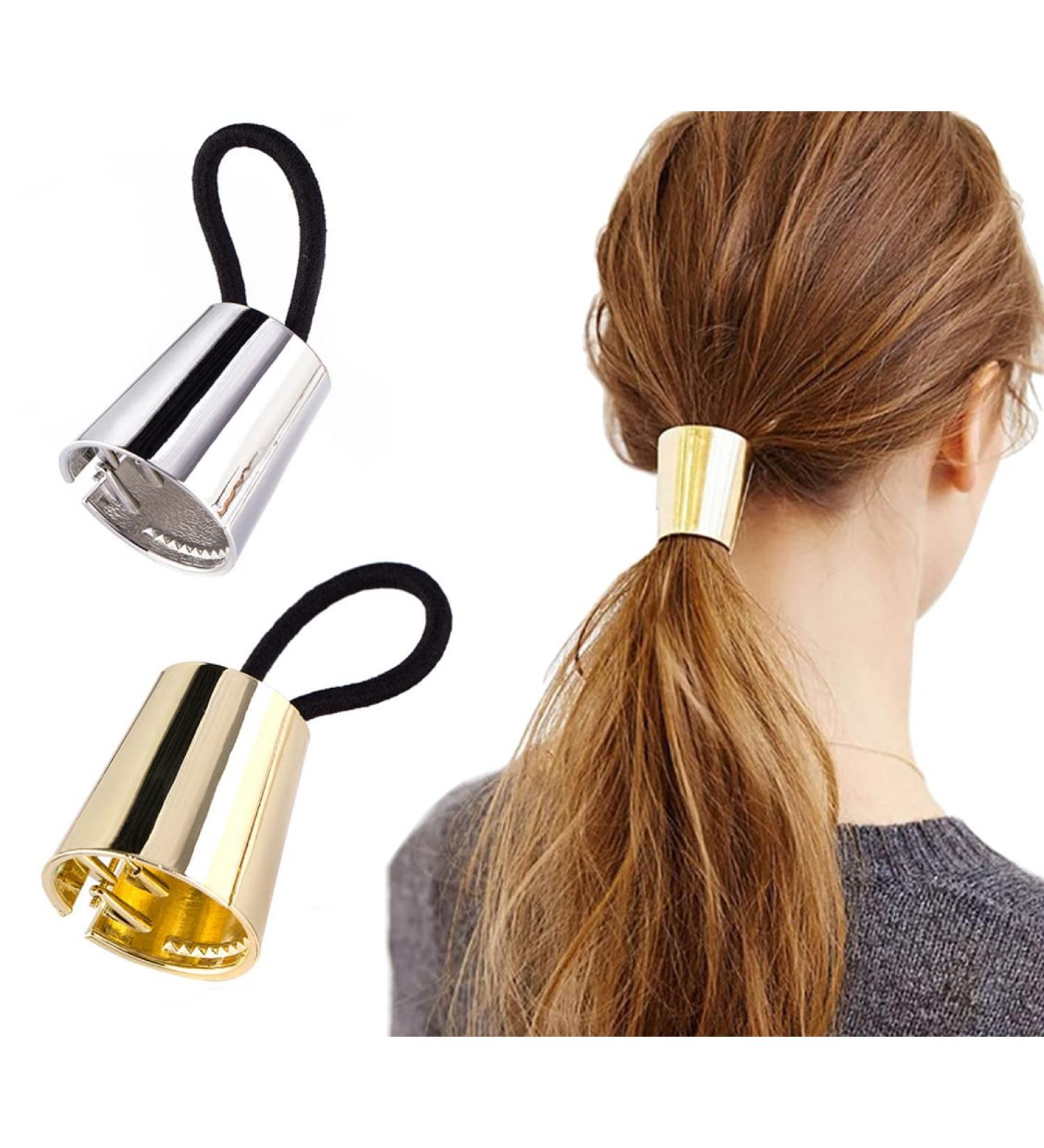 2 Pieces Metal Hair Cuff & Ponytail Holder - Punk Elastic Hair Bands for Thick Hair | Gold & Silver Hair Tie Accessories - Buy Online on GoSupps.com