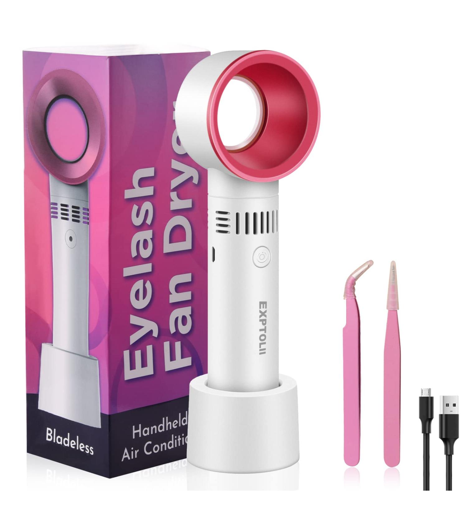 Portable USB Rechargeable Eyelash Fan Dryer with Lash Tweezers - Mini Bladeless Handheld Cooling Blower for Essential Eyelash Extension Supplies (White) - Buy Online on GoSupps.com