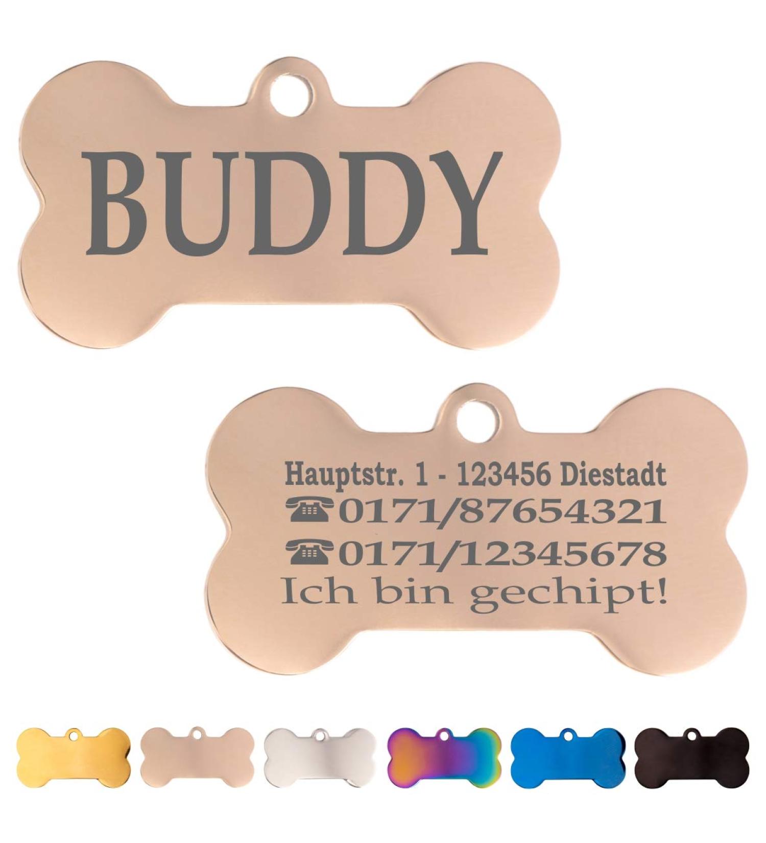Personalized Stainless Steel Dog Collars for Medium to Large Dogs | Ibera Gifts - Engraved Name & Address Tags in Pink Gold - Buy Online on GoSupps.com