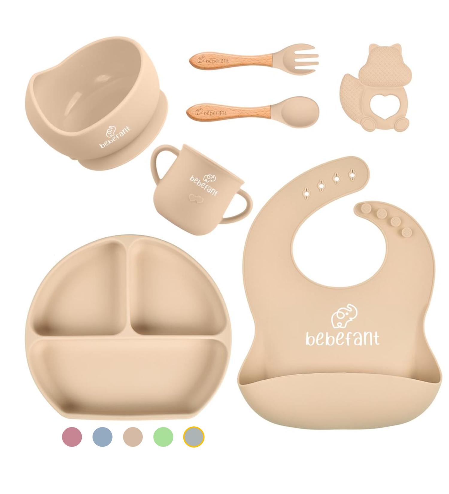 Bebefant Baby Weaning Set | Suction Bowl, Plate, Cup, Bib, Fork & Spoon | Baby Led Weaning Feeding Set - Neutral (Light Brown) - Buy Online on GoSupps.com