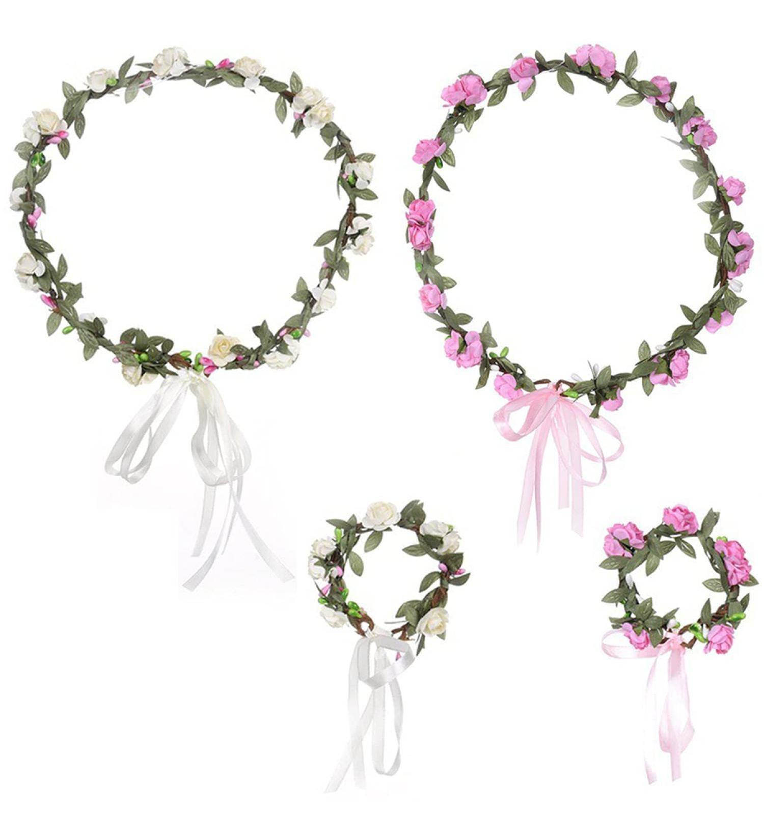 Boho Flower Headband Set - Festival & Wedding Accessories for Women & Girls (White & Pink) - Buy Online on GoSupps.com