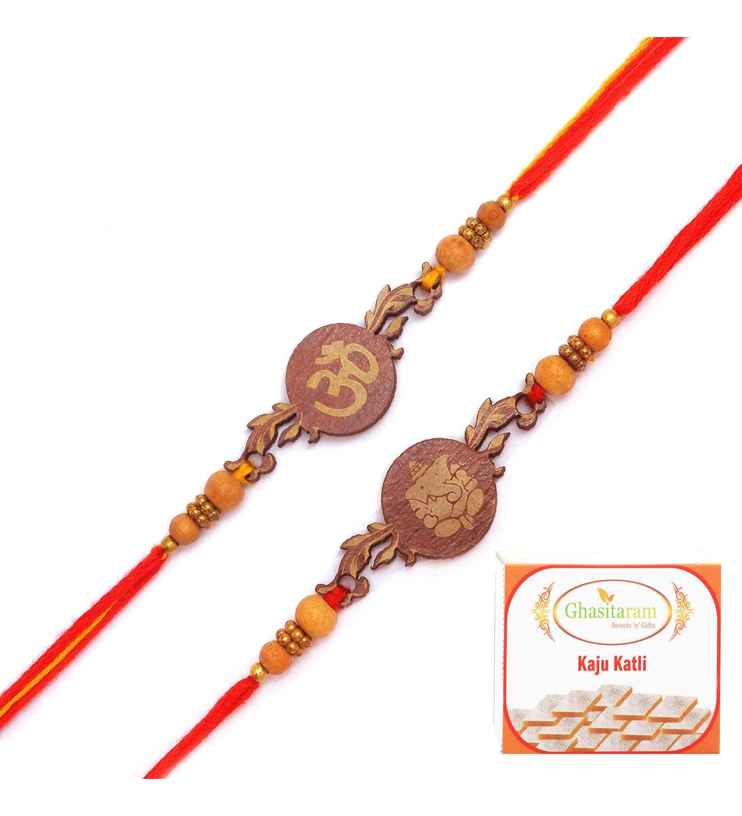 Ghasitaram Gifts Rakhi for Brother Rakhis Online - Set of 2 BW-5410 and BW-5414 Om Ganesh Divine Rakhis with 400 GMS of Kaju katli - Buy Online on GoSupps.com