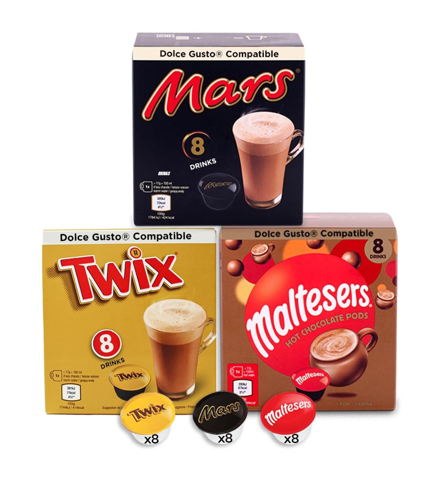 Chocolate Drinks - Dolce Gusto Compatible - 24 Capsules - Mars Twix Maltesers (8 each) - Buy Online on GoSupps.com