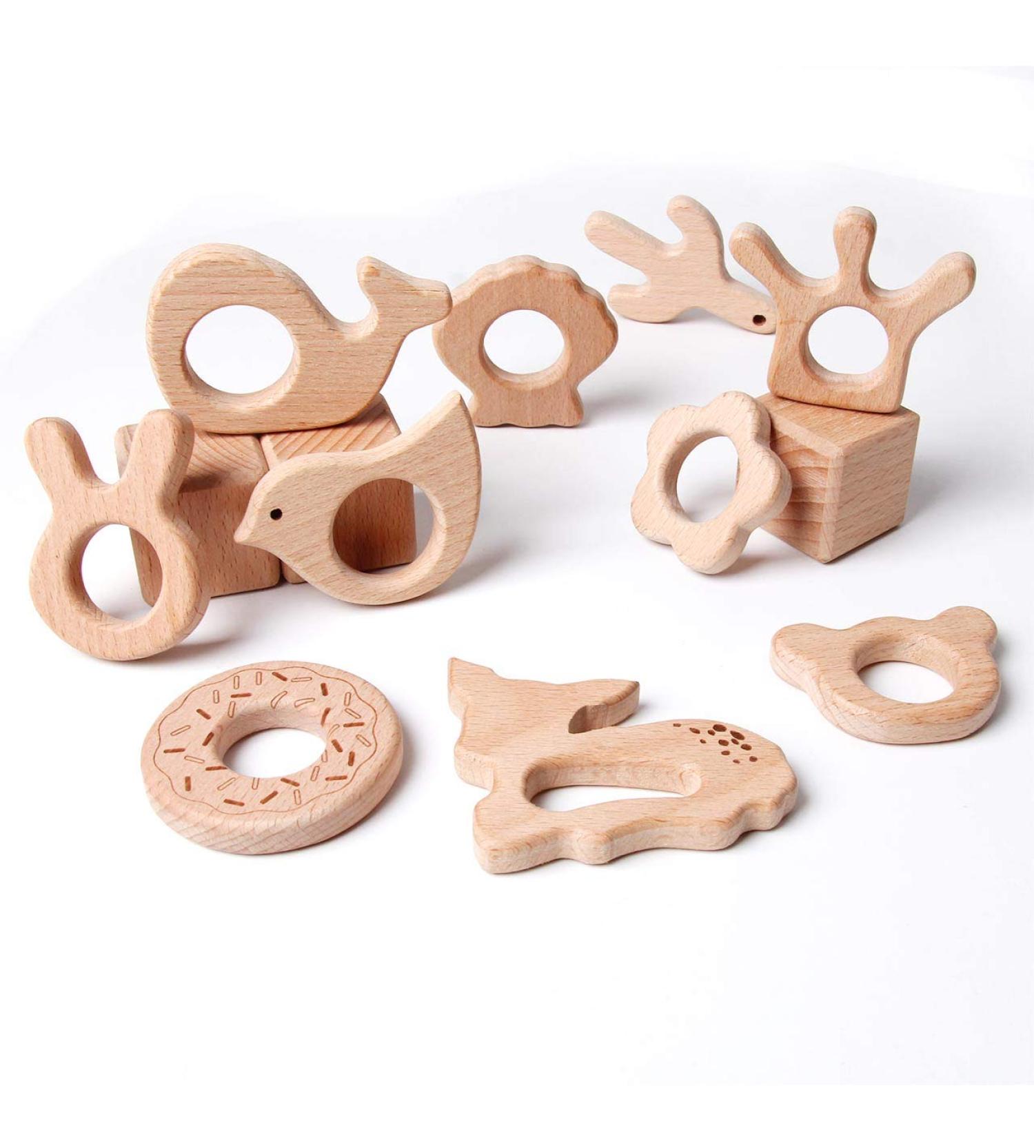 Organic Wooden Teether Toy Set - Safe Animal Pendant Design | Bulk Pack with Bunny, Whale, Bird, Bear, Crown, Shell, Flower, Cactus, Doughnut, Deer - Buy Online on GoSupps.com