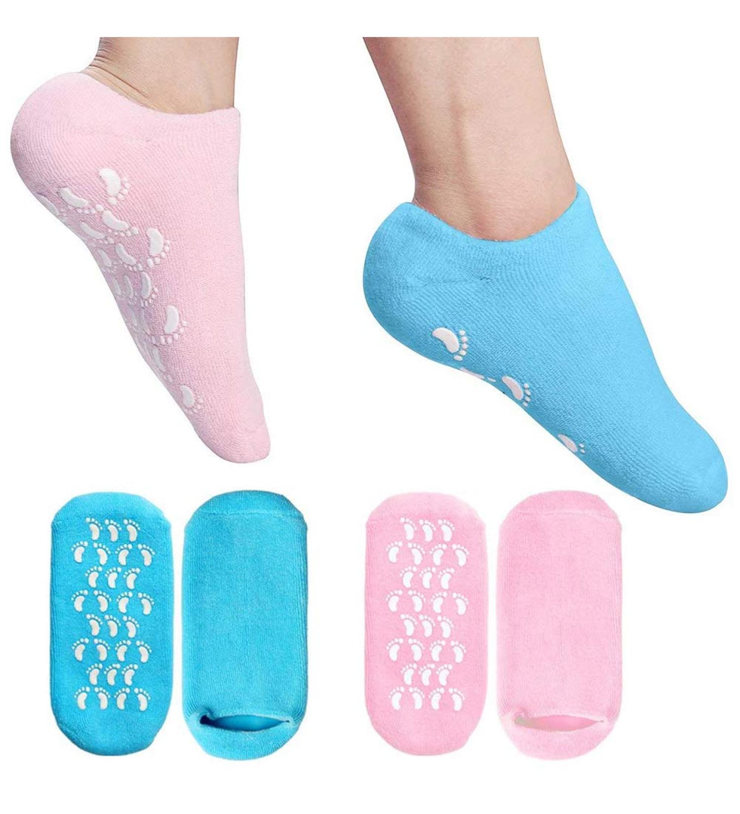 Moisturizing Gel Socks - 2 Pairs of Reusable Soft Socks with Essential Oil Treatment for Dry Skin Pink & Blue - Buy Online on GoSupps.com