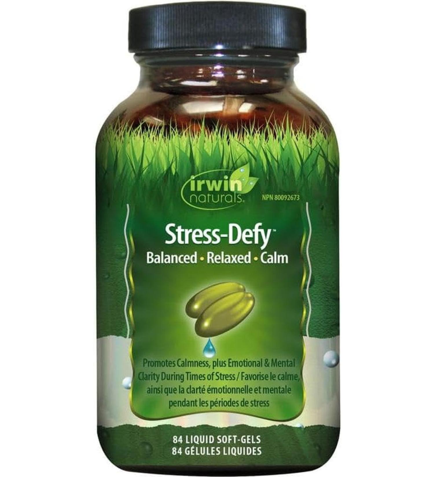 Irwin Naturals Stress-Defy Liquid Soft-Gels 84 Count - Dietary Supplement with Rhodiola & L-Theanine - Promotes Calmness & Relaxation