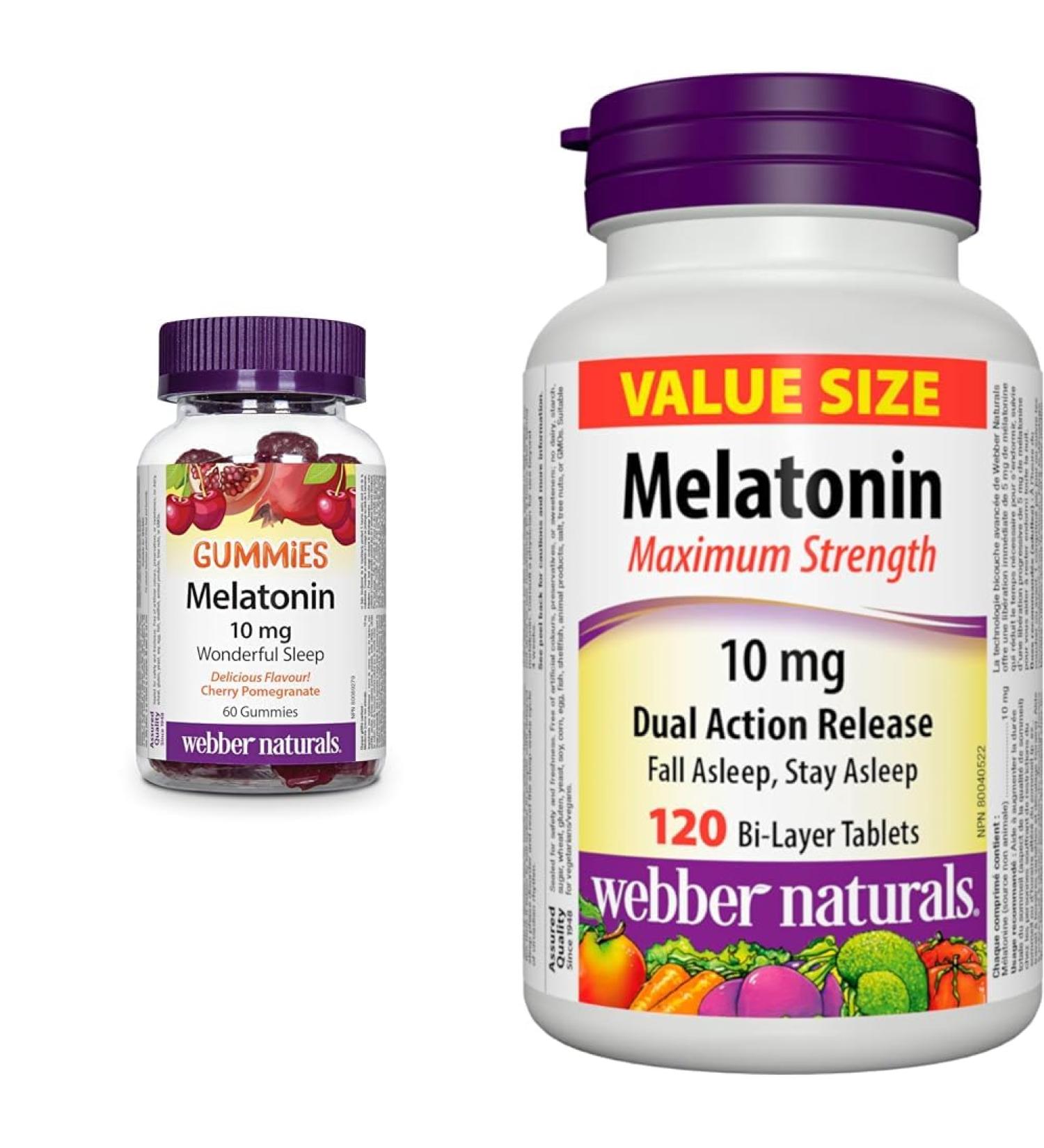 Webber Naturals Melatonin 10 mg Maximum Strength Gummy 60 Gummies Cherry Pomegranate Flavour & Melatonin 10 mg Maximum Strength 120 Dual Action Release Tablets - Buy Online on GoSupps.com