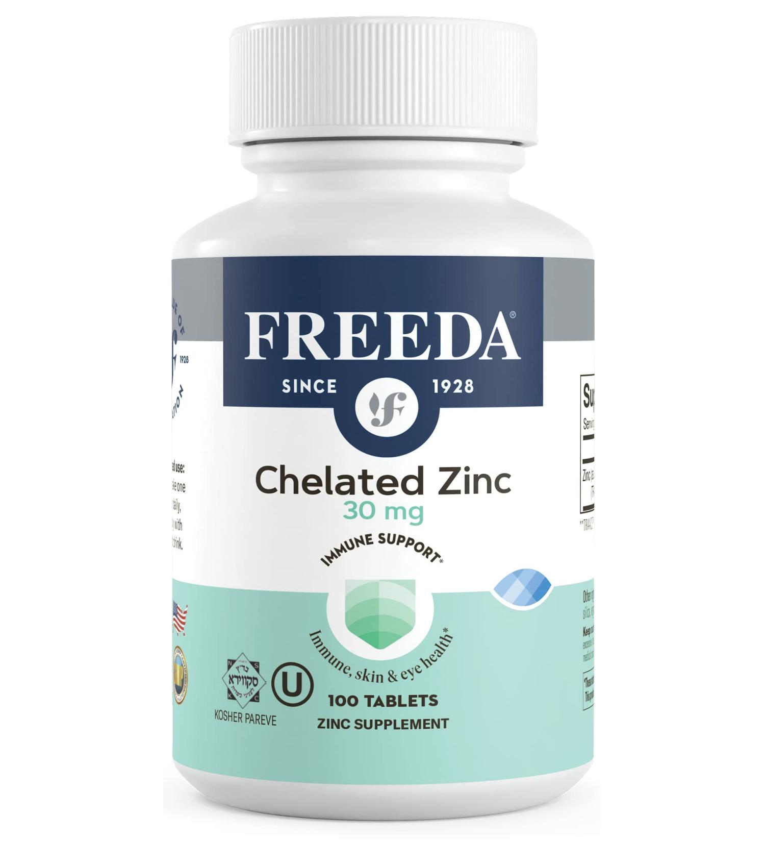 Freeda Chelated Zinc Supplement 30mg - Albion TRAACS Zinc Bisglycinate - Pure Zinc for Men & Women - 100 Tablets - Buy Online on GoSupps.com