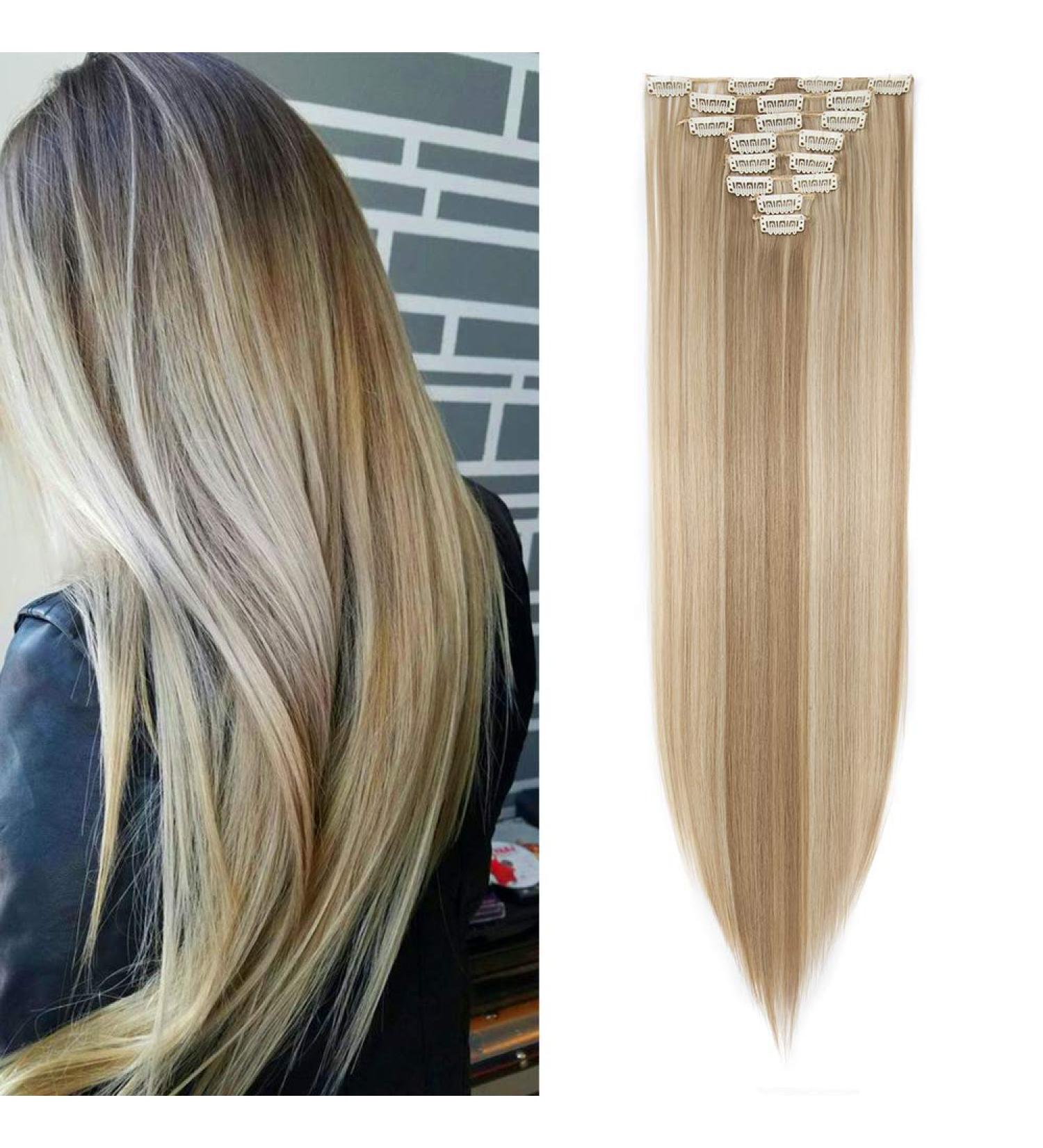 26 Straight Hair Extension 8-Piece Full Head Set Clip In Hair Extensions - Sandy & Bleach Blond, Heat-Resistant - Buy Online on GoSupps.com