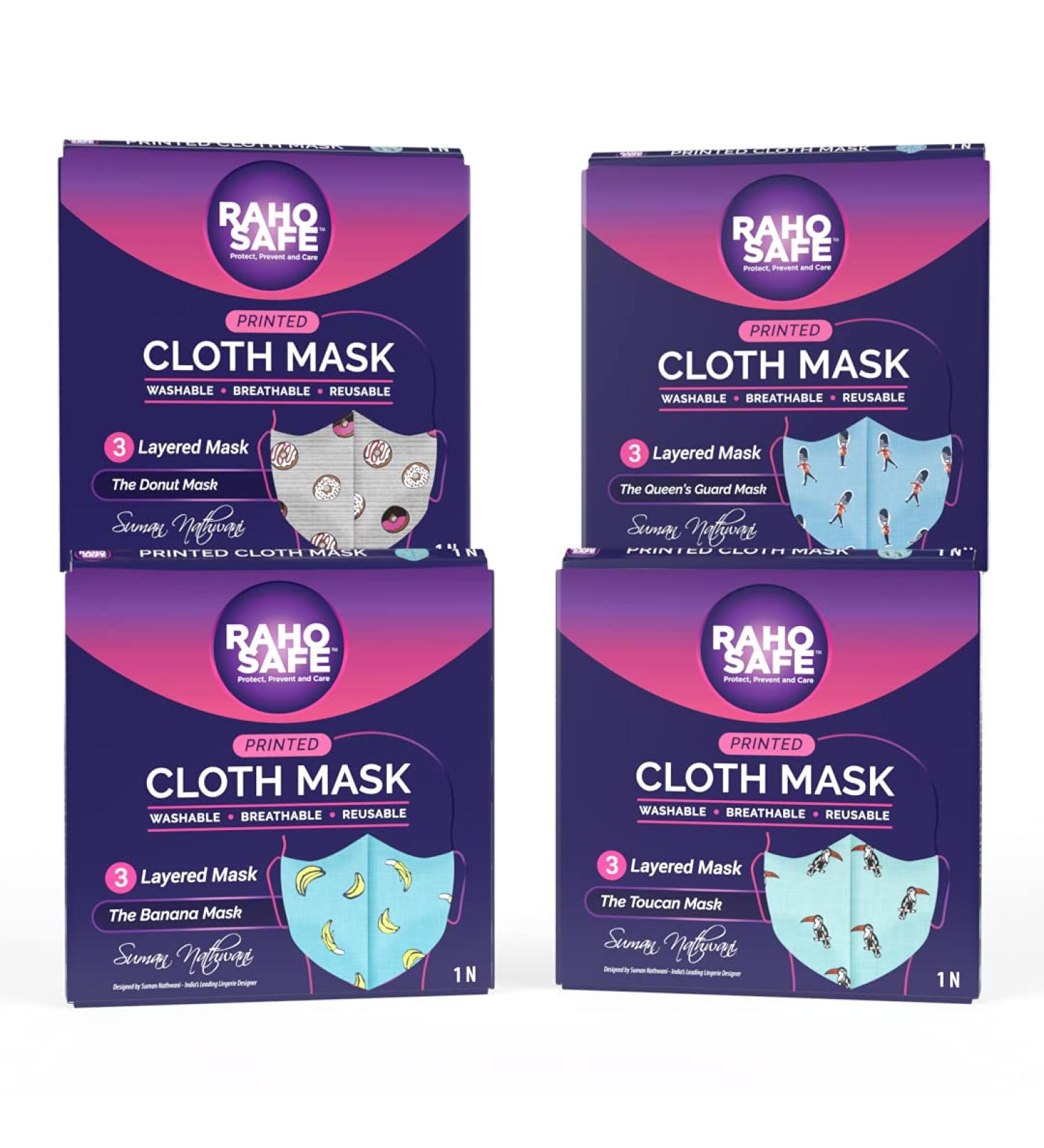 Raho Safe Suman Nathwani Designer Face Mask - 3-Layer 100% Pure Japanese Cotton | Breathable Washable Reusable - Set of 4 - Buy Online on GoSupps.com