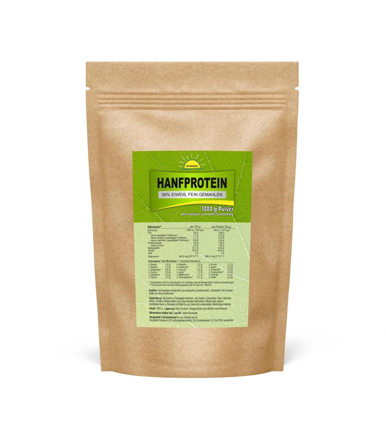 Hemp protein (50% protein 18 amino acids + magnesium vegan premium quality) 1000 g in the bag without additives from German agriculture Bonemis