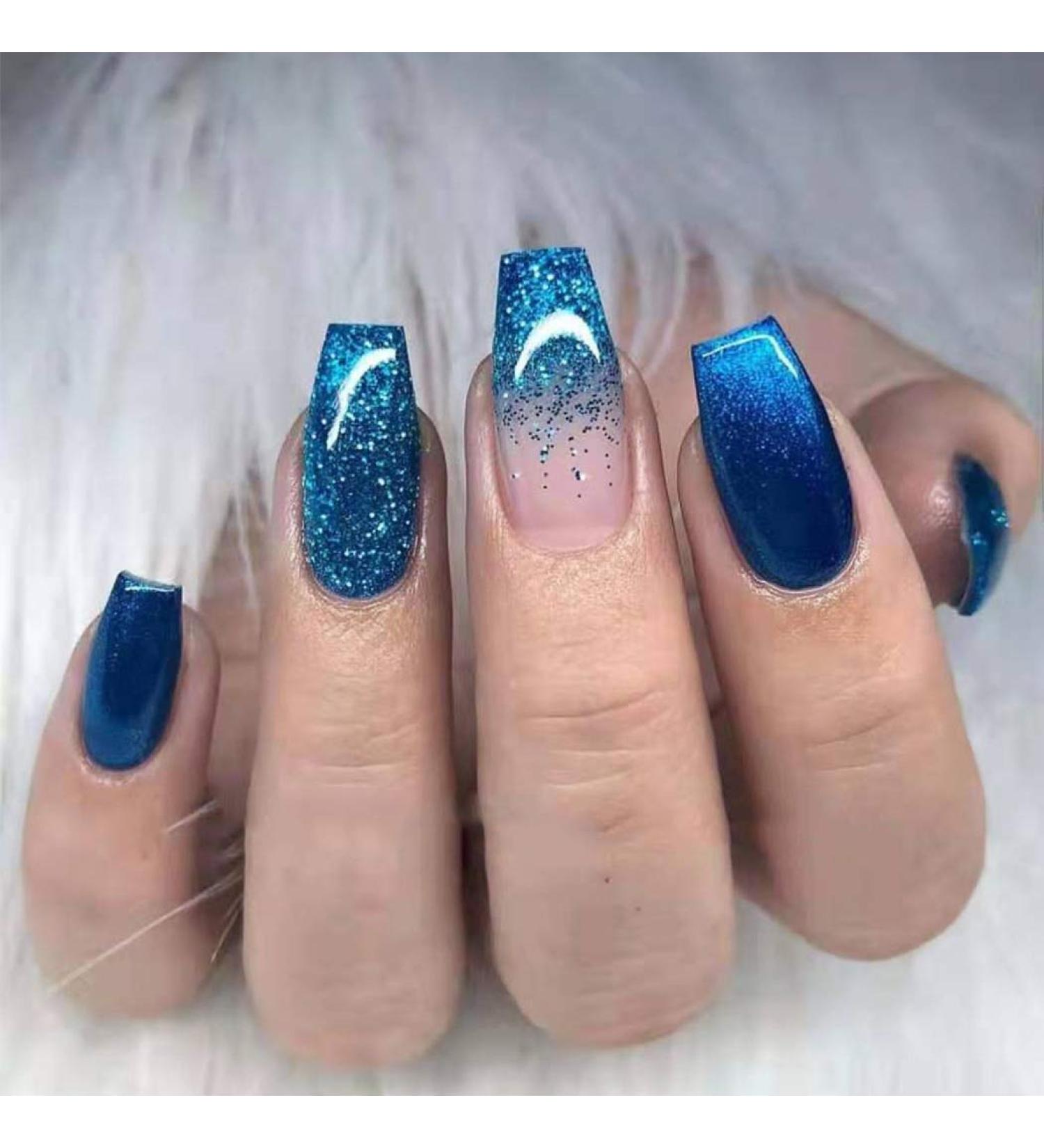 Bodiy Blue Ombre Long Fake Nails - 24 Pieces Ballerina Full Cover Press on Nails for Women and Girls - Buy Online on GoSupps.com