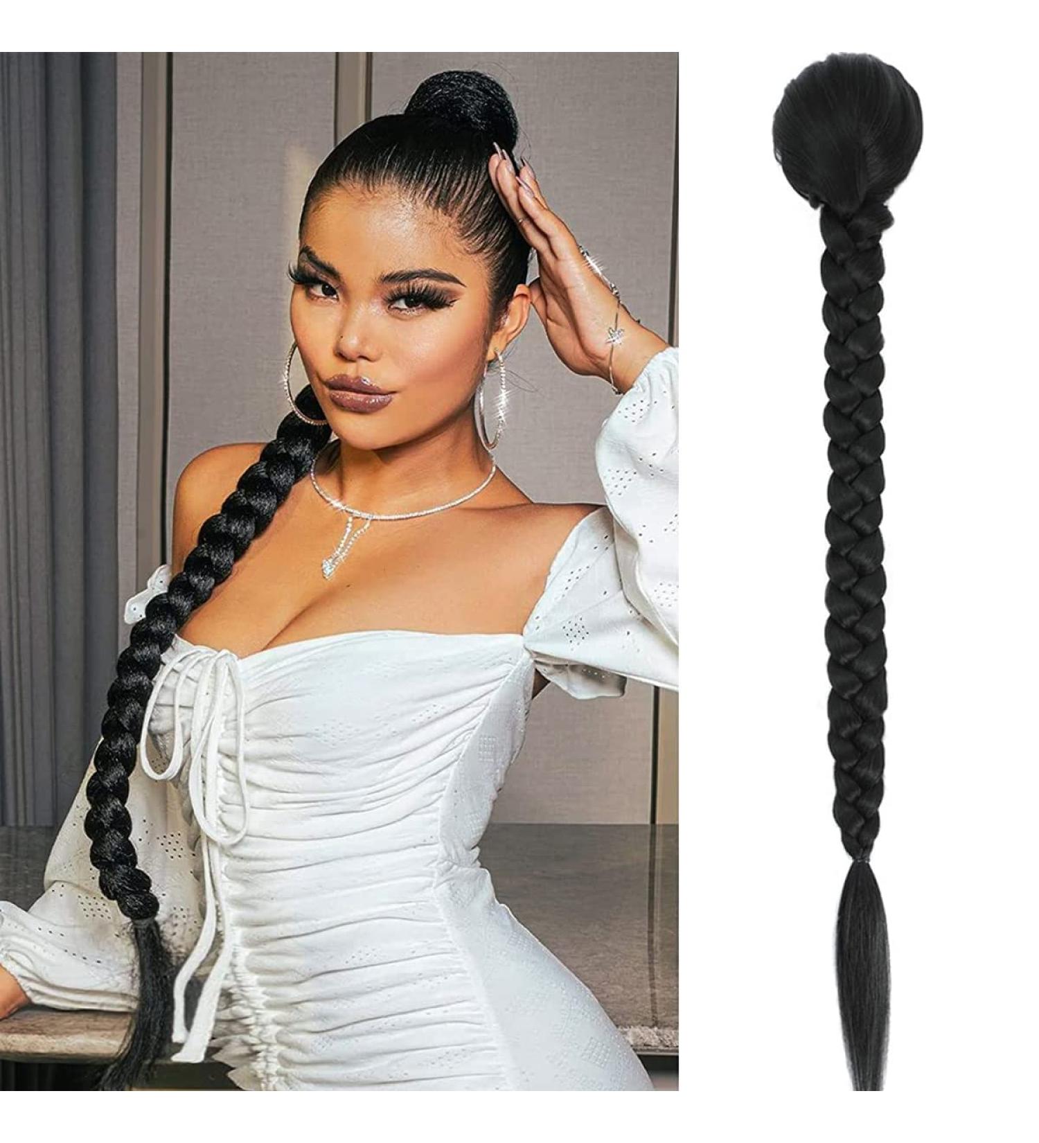 32 Inch Braided Ponytail Extension for Black Women | Yaki Straight Drawstring Clip On | Synthetic Hair Natural Black 1B - 130g - Buy Online on GoSupps.com