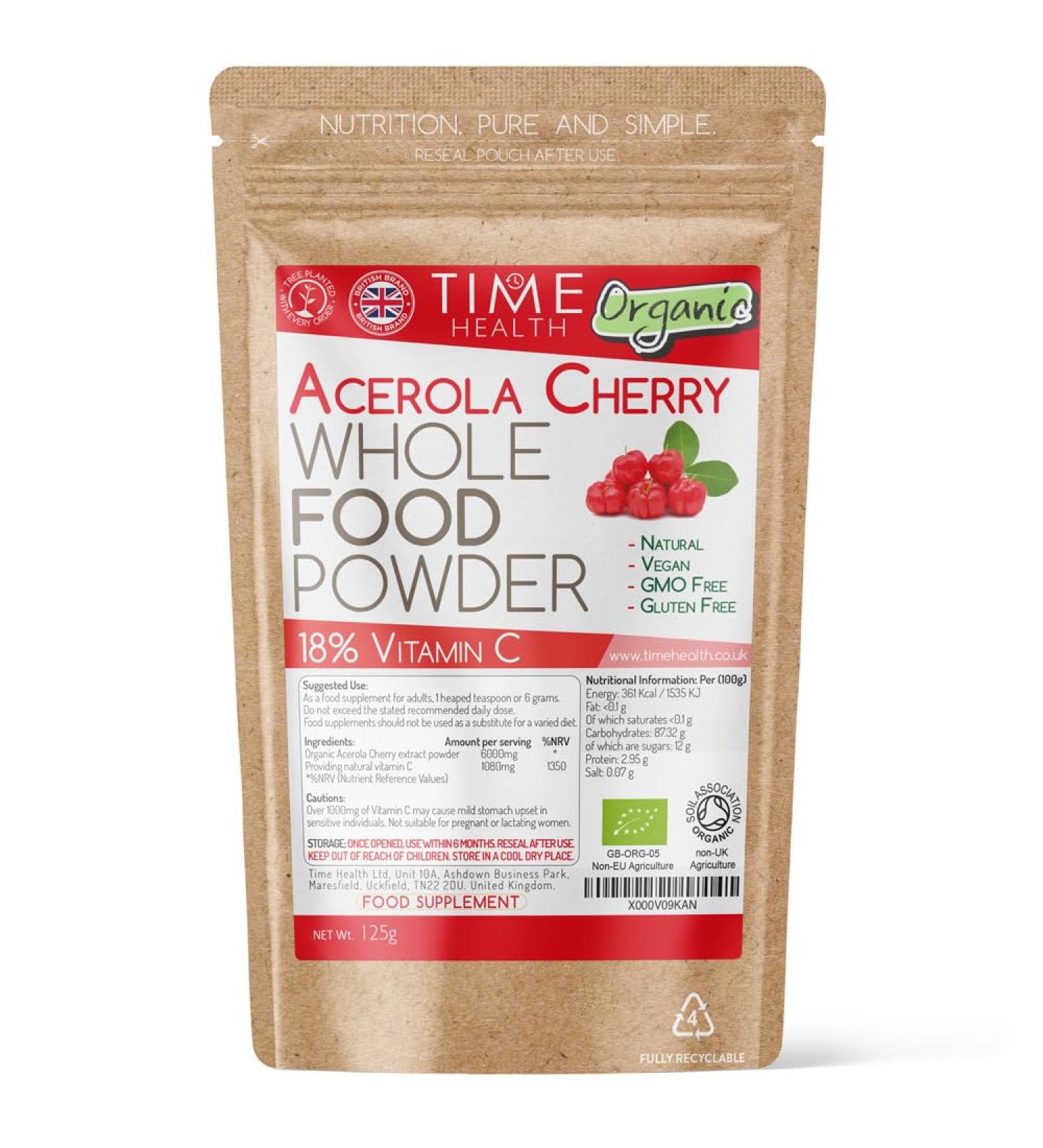 Acerola Cherry Powder - Natural & Wholefood VIT C - Soil Association Approved Organic Extract Powder - 125g 250g 500g 1kg (125g Powder Pouch) 125 g (Pack of 1)