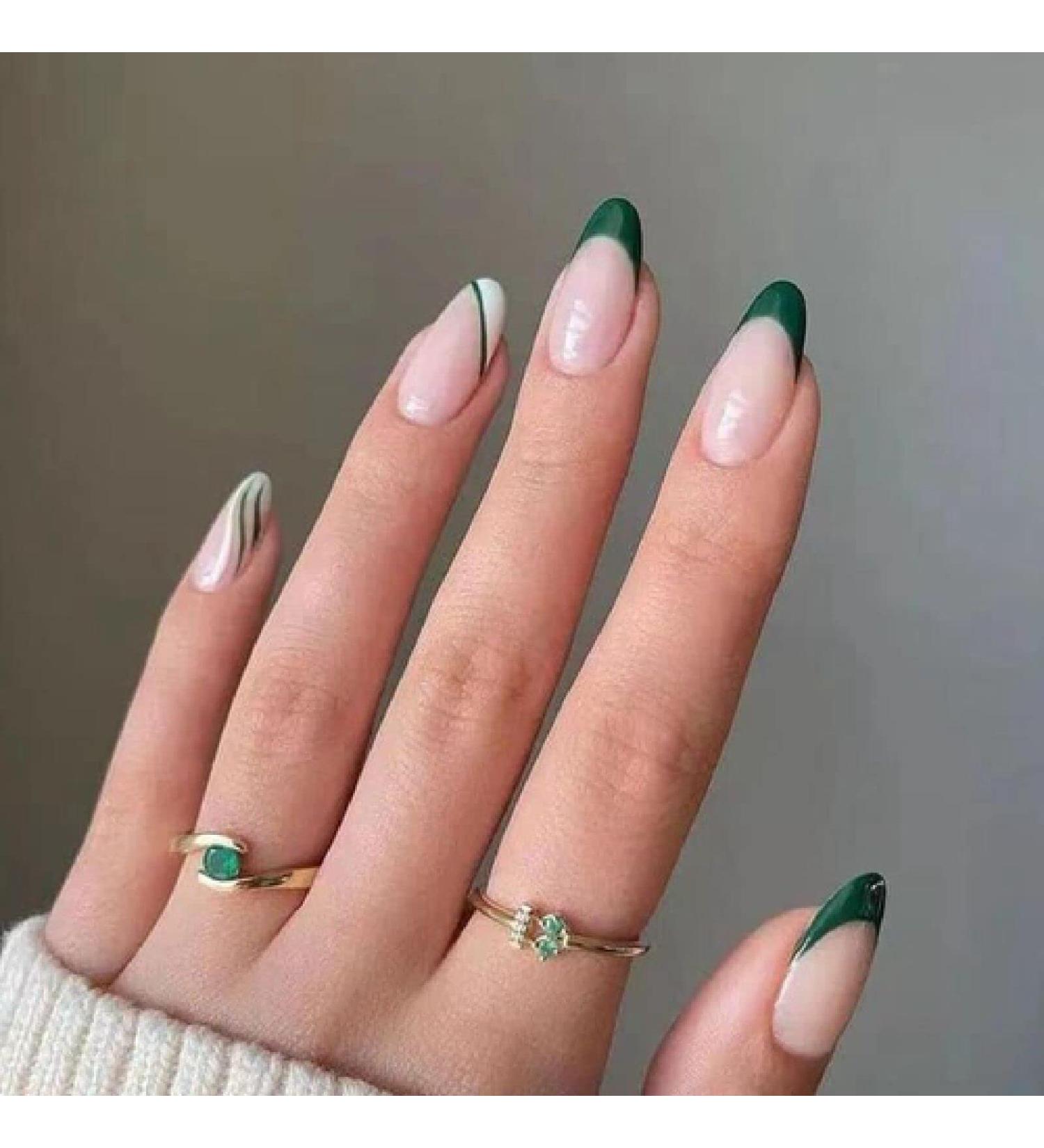 24pcs/Box Almond False Nails Black Line Design Artificial Ballerina Fake Nails with Glue Full Cover Nail Tips Press On Nails A1113
