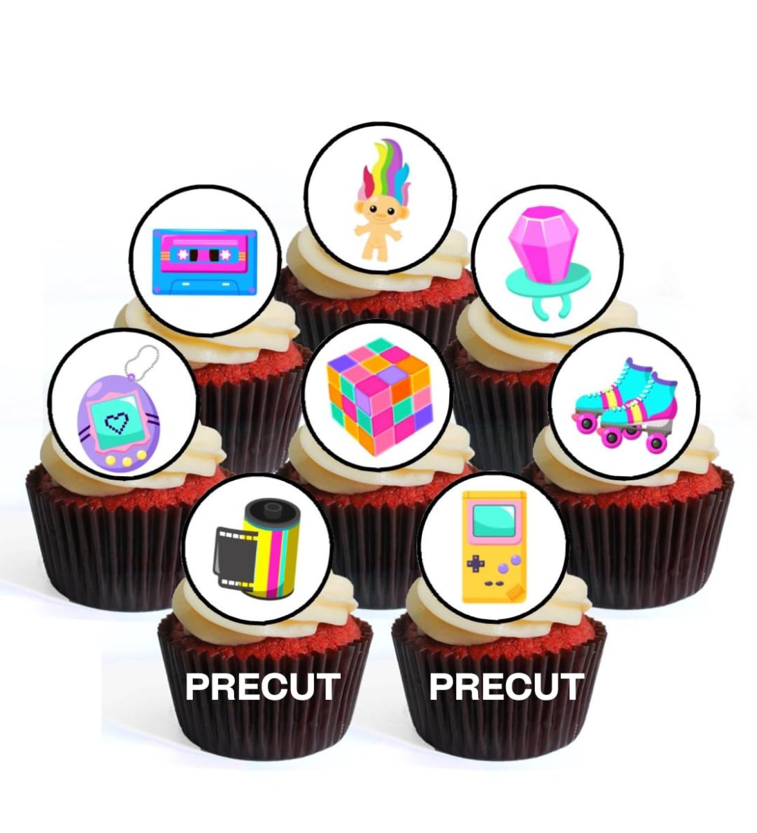 PRECUT 90's Edible Cupcake Toppers - Retro 90's Theme Premium Thickness SWEETENED VANILLA - wafer card disc cake decorations (Pack of 12) - Buy Online on GoSupps.com