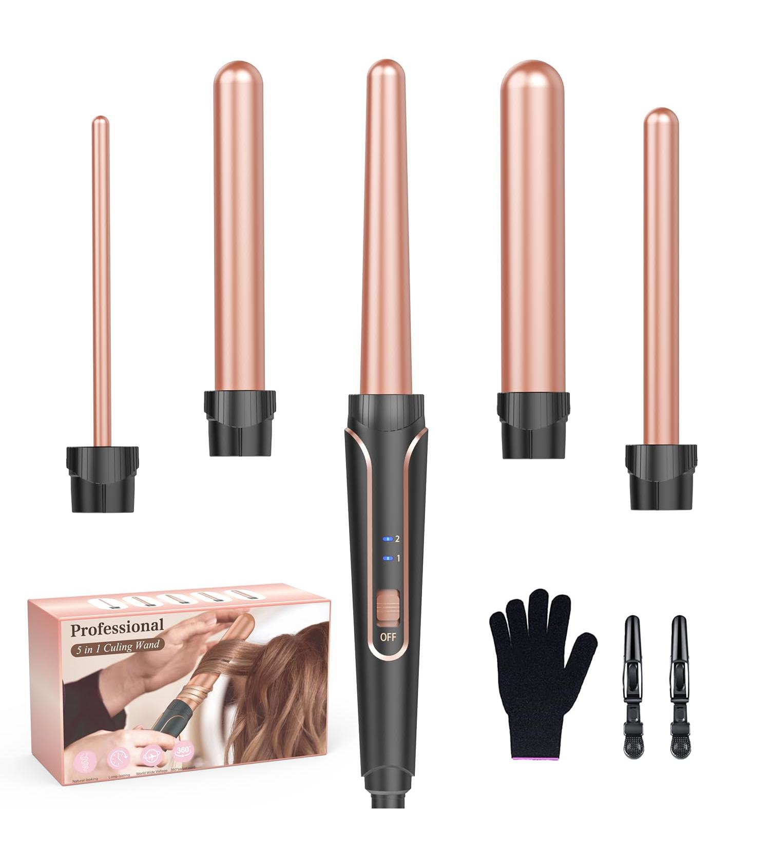Lockenstab Set 5 in 1 - Versatile Ceramic Curling Iron with Temperature Control & Attachments - Fast Warming & Includes Glove + Clips - Perfect for Large Waves - Pink - Buy Online on GoSupps.com