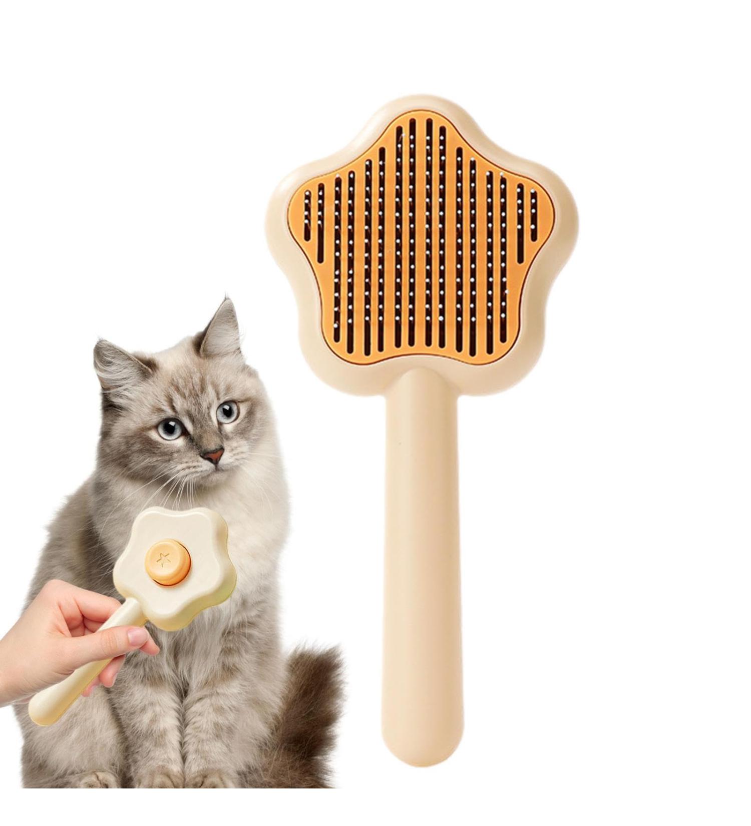 Self-Cleaning Cat Brush with Unlocking Button - Compact Pet Hair Removal Tool for Dogs Cats & Rabbits - Yellow Fur Care Brush - Buy Online on GoSupps.com