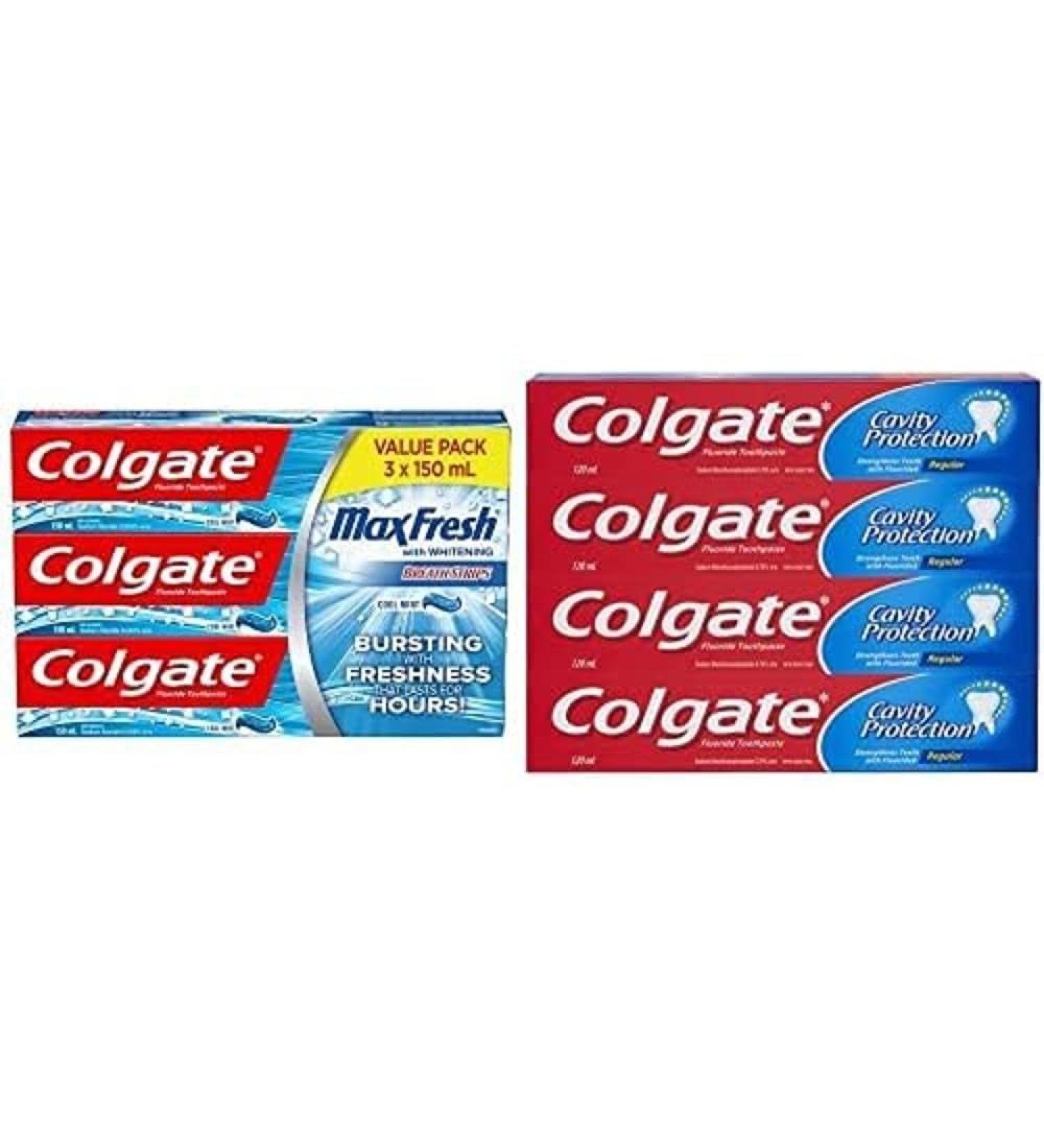 Colgate MaxFresh Whitening Fluoride Gel Toothpaste Cool Mint 150 Milliliters 3 Count + Colgate Cavity Protection Fluoride Toothpaste Regular 4 X 120 mL w/ Regular